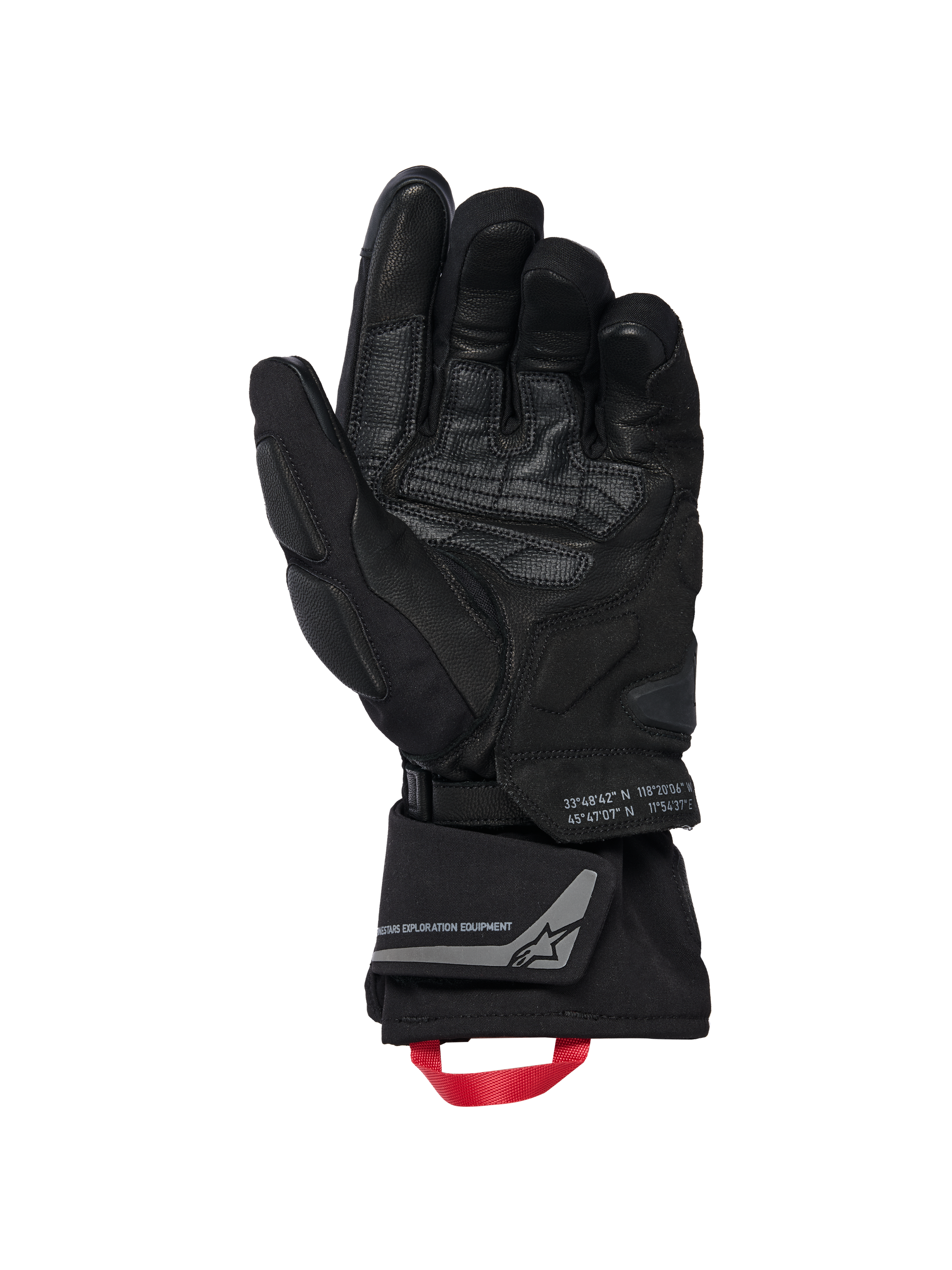 Alpinestars WT-8 GORE-TEX Insulated Gloves, Motorcycle Gloves, Black, inner palm view showing reinforced leather patches and padded sliders, long cuff with a red pull loop and Alpinestars Exploration Equipment branding with geographic coordinates, technical road and adventure design