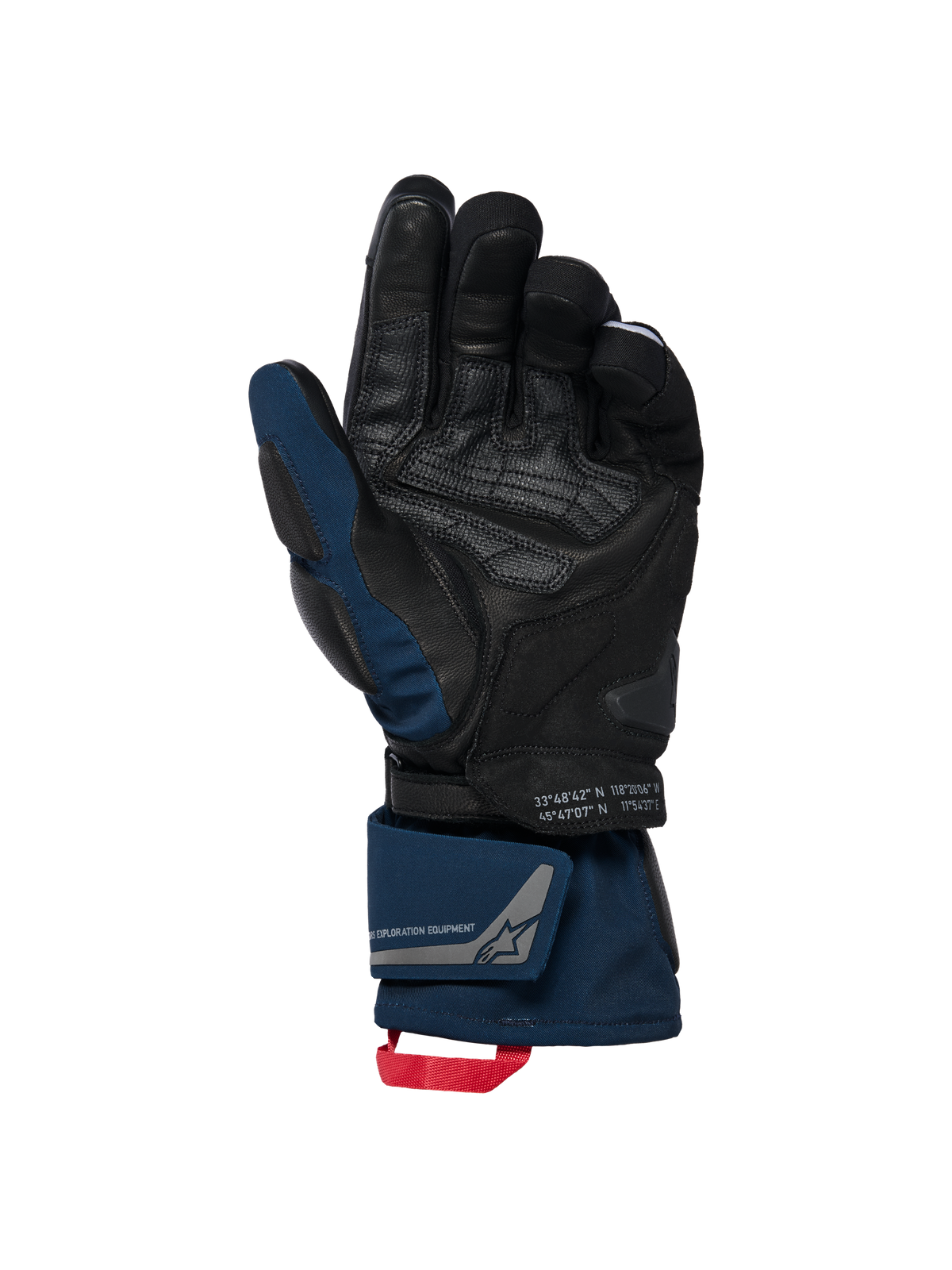 Luvas isoladas Alpinestars WT-8 GORE-TEX, preto e azul escuro, vista da palma com reforços em couro e deslizante acolchoado, design de punho longo com fecho duplo no pulso e alça vermelha, detalhes de coordenadas e marca de equipamento de exploração