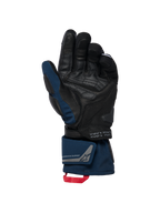 Luvas isoladas Alpinestars WT-8 GORE-TEX, preto e azul escuro, vista da palma com reforços em couro e deslizante acolchoado, design de punho longo com fecho duplo no pulso e alça vermelha, detalhes de coordenadas e marca de equipamento de exploração
