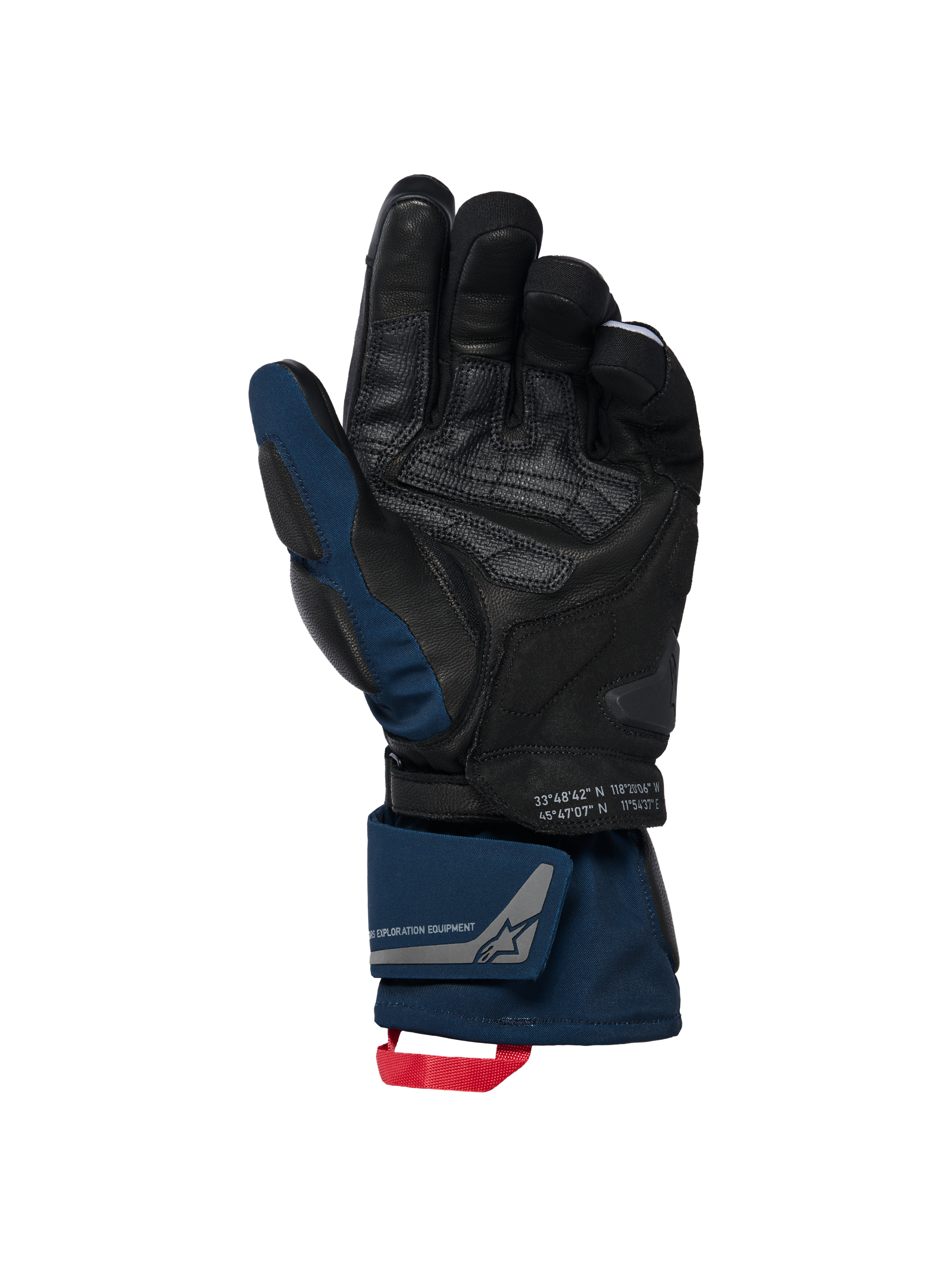 Luvas isoladas Alpinestars WT-8 GORE-TEX, preto e azul escuro, vista da palma com reforços em couro e deslizante acolchoado, design de punho longo com fecho duplo no pulso e alça vermelha, detalhes de coordenadas e marca de equipamento de exploração