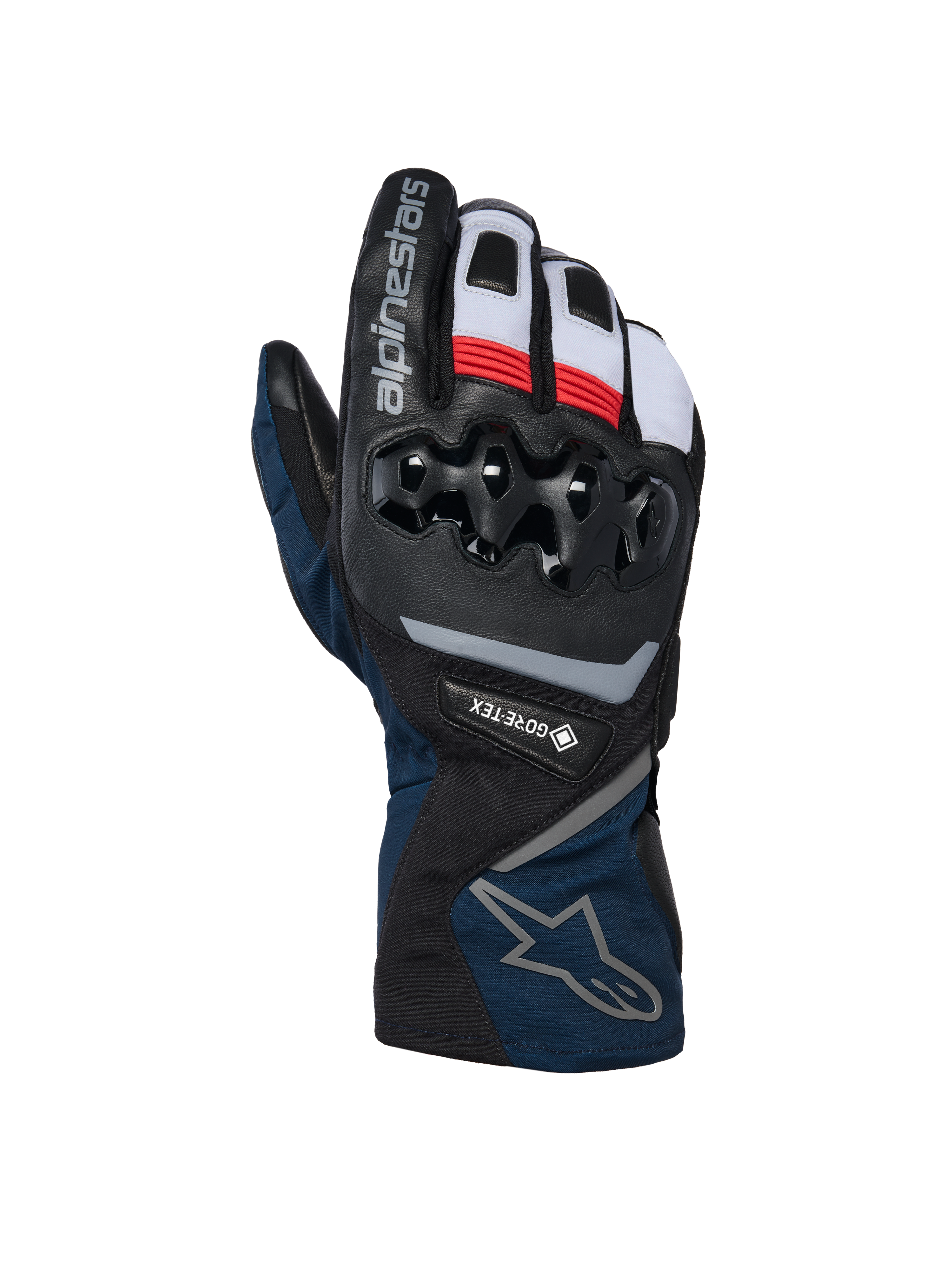 Alpinestars WT-8 GORE-TEX Insulated Gloves, luvas de motociclismo de inverno, preto e azul escuro com detalhes em vermelho e branco, com proteção rígida de nós dos dedos em TPU, marca GORE-TEX e design de punho longo