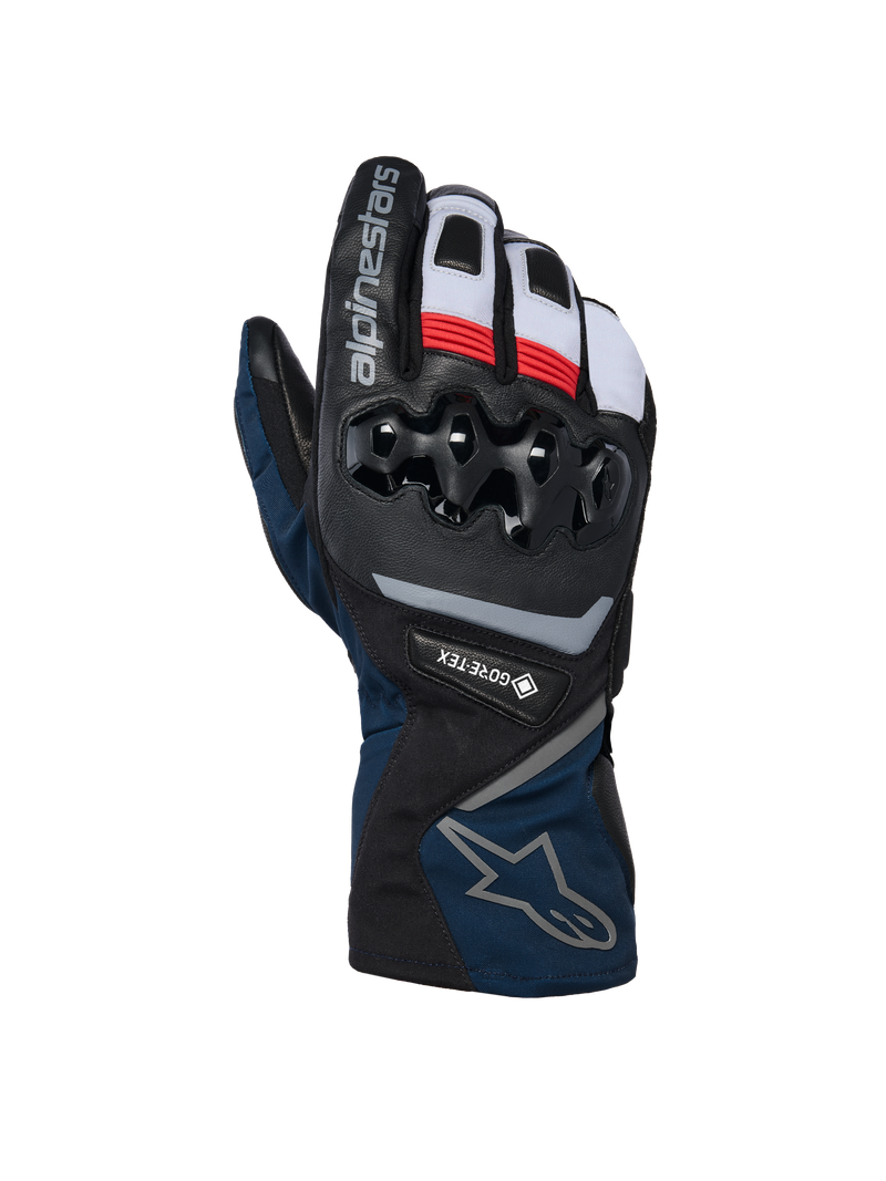 Alpinestars WT-8 GORE-TEX Insulated Gloves, luvas de motociclismo de inverno, preto e azul escuro com detalhes em vermelho e branco, com proteção rígida de nós dos dedos em TPU, marca GORE-TEX e design de punho longo