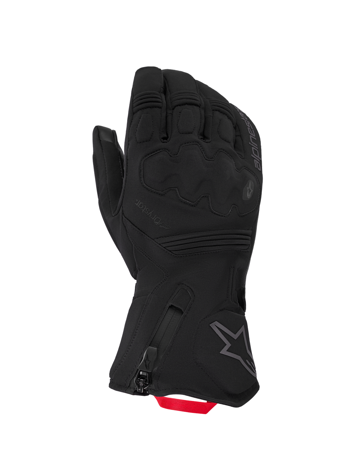 Alpinestars Wt-5 Drystar Insulated Gloves, luvas de moto de inverno para aventura, pretas com presilha vermelha, com membrana impermeável Drystar e acolchoamento de proteção nos nós dos dedos