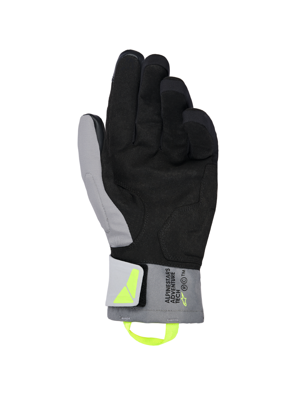 Alpinestars XT-3 Drystar® Insulated Gloves, Black and Dark Gray motorcycle gloves, palm view showing soft black suede and gray textile, fluorescent yellow pull tab and logo, 'ALPINESTARS ADVENTURE TECH' branding on the cuff, waterproof and insulated for adventure riding