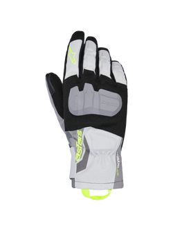 Alpinestars XT-3 Drystar Insulated Gloves, Motorcycle Touring Gloves, Black Gray and White, featuring a large gray protective knuckle plate, neon yellow Astars branding and pull loop, waterproof textile construction with mid-length cuff.