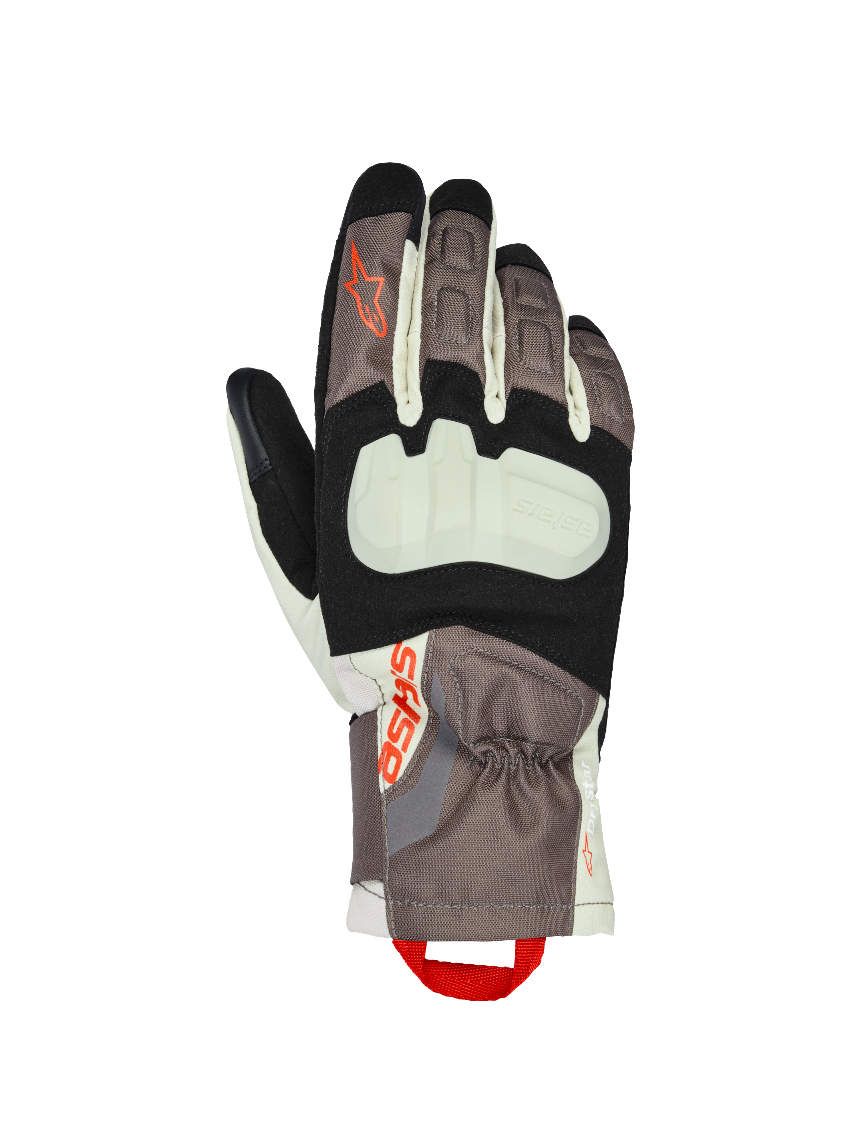 Luvas Alpinestars XT-3 Drystar® Térmicas, luvas de motociclismo touring, castanho escuro, areia e preto com pormenores em laranja, com protetor de articulações exposto, punho de comprimento médio, construção têxtil durável e logótipo Alpinestars com uma presilha de puxar vermelha.