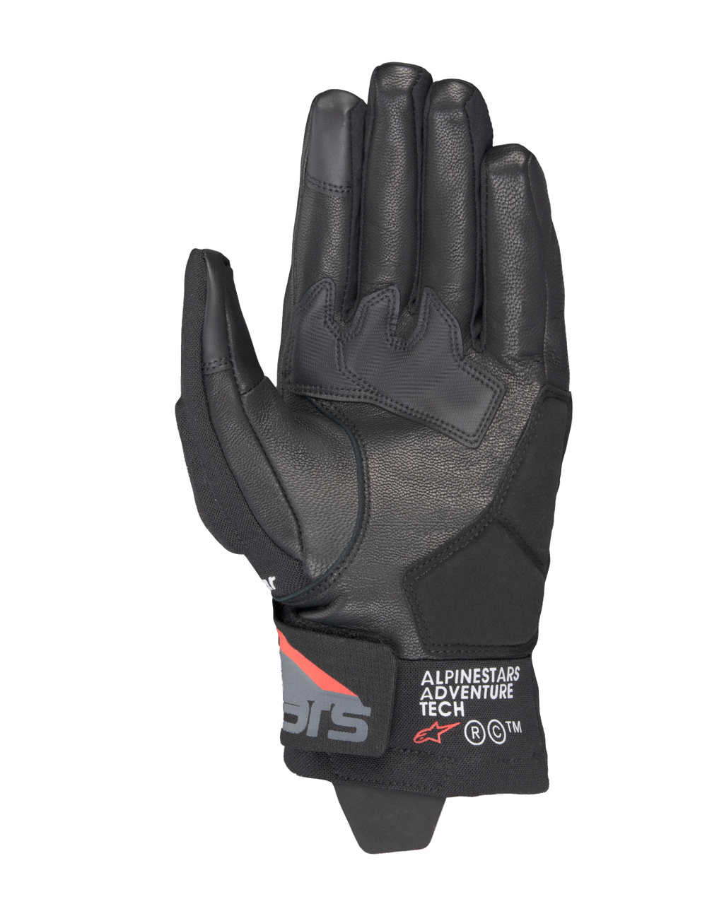 Luvas Alpinestars Corozal V3 Drystar®, pretas, cinzento escuro e vermelho fluo, vista da palma com construção em pele, reforços sintéticos na palma e punho curto com logótipo Alpinestars Adventure Tech