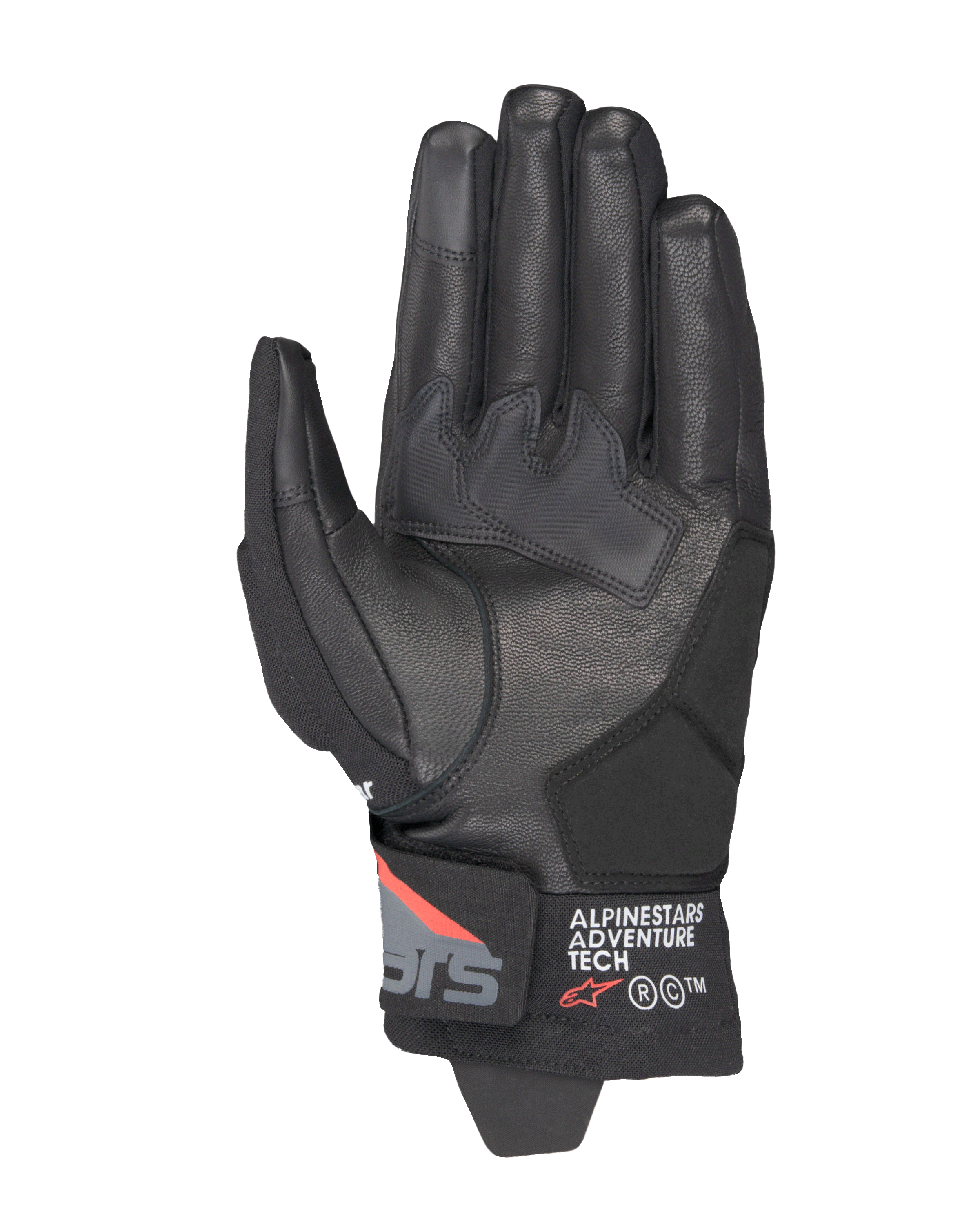 Luvas Alpinestars Corozal V3 Drystar®, pretas, cinzento escuro e vermelho fluo, vista da palma com construção em pele, reforços sintéticos na palma e punho curto com logótipo Alpinestars Adventure Tech