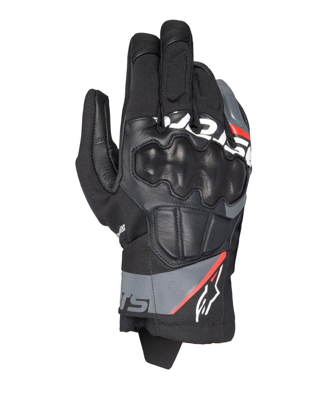 Luvas Alpinestars Corozal V3 Drystar®, luvas de motociclismo de aventura, pretas com detalhes em cinzento escuro e vermelho fluo, vista superior com proteção SP nos nós dos dedos revestida a pele, construção em têxtil e pele e design de punho curto, equipamento de aventura impermeável