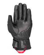 Alpinestars Crestone GORE-TEX Insulated Gloves, Motorcycle Gloves, Black, palm view featuring leather construction with reinforced impact padding, short cuff with Alpinestars Adventure Tech logo, and a bright red webbing pull loop