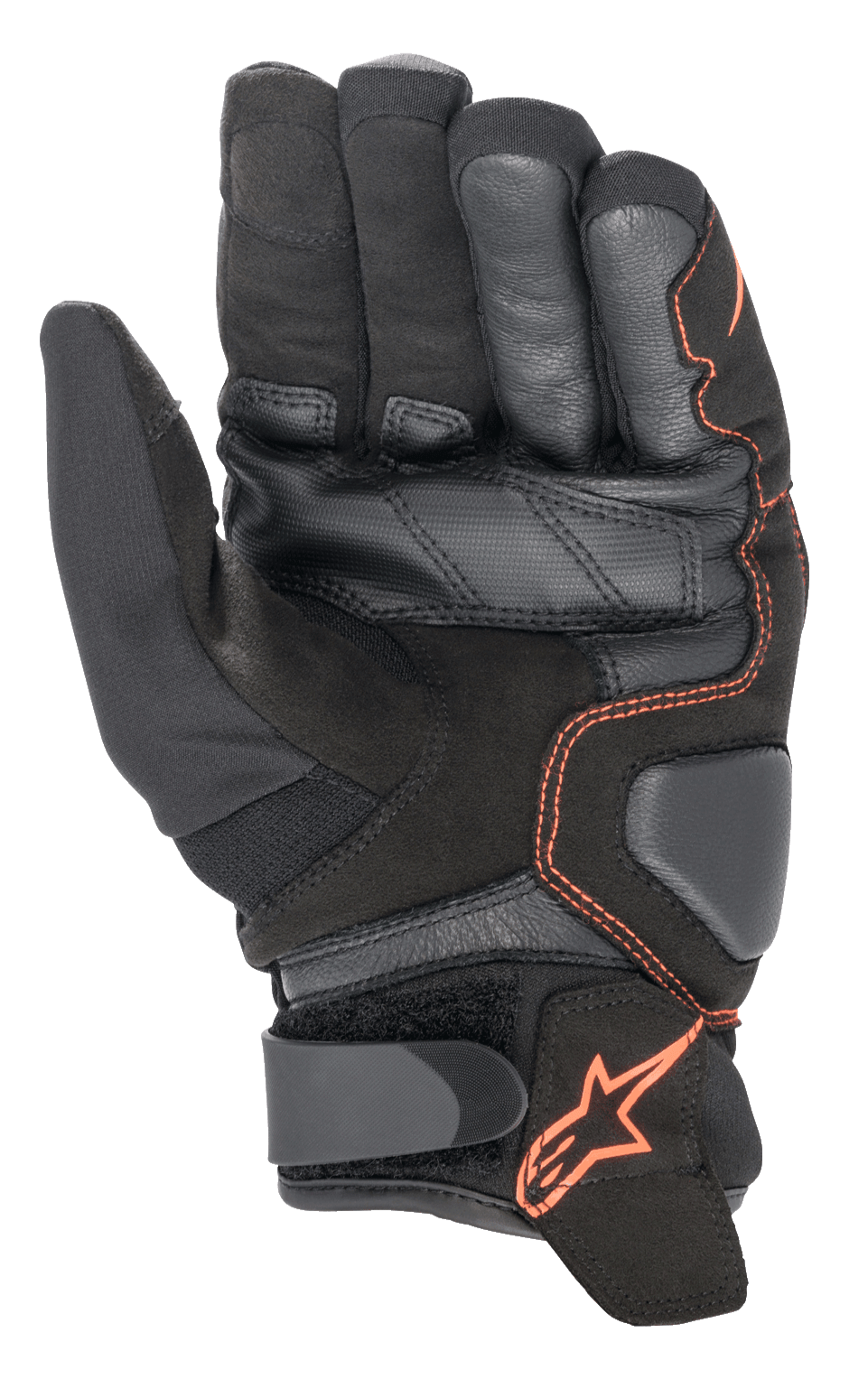 Luvas Alpinestars SMX-1 Drystar®, luvas de motociclismo, pretas e vermelho fluo, vista da palma destacando a construção em couro reforçado e camurça, zonas de aterragem acolchoadas e tira de pulso em Velcro com logótipo de estrela vermelha.