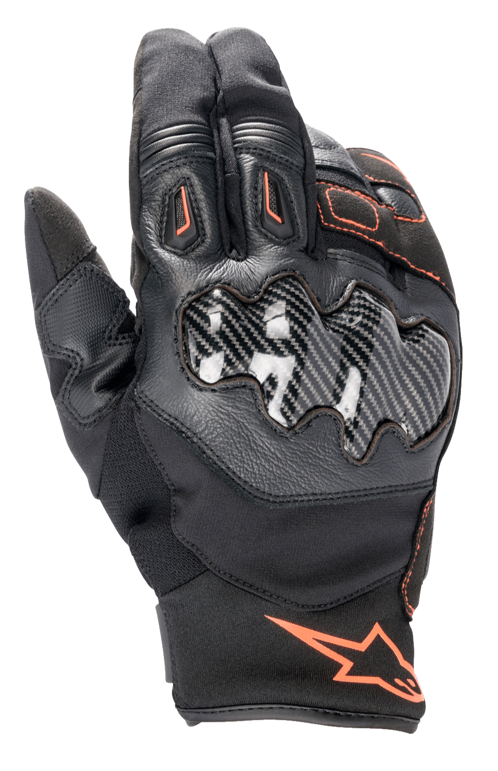 Luvas Alpinestars SMX-1 Drystar®, luvas de motociclismo, pretas com detalhes em vermelho fluo, protetor de articulação com efeito de carbono, punho curto, construção em pele e tecido, membrana Drystar® impermeável
