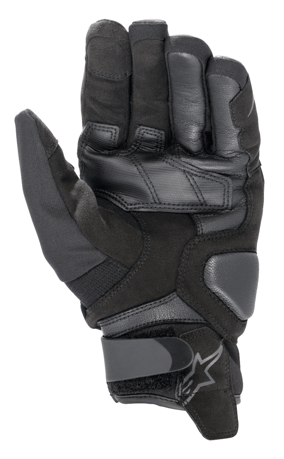 Luvas Alpinestars SMX-1 Drystar®, luvas de motociclismo, pretas, vista da palma com construção em camurça sintética, reforços em pele, zonas de impacto acolchoadas e fecho de punho ajustável com logótipo