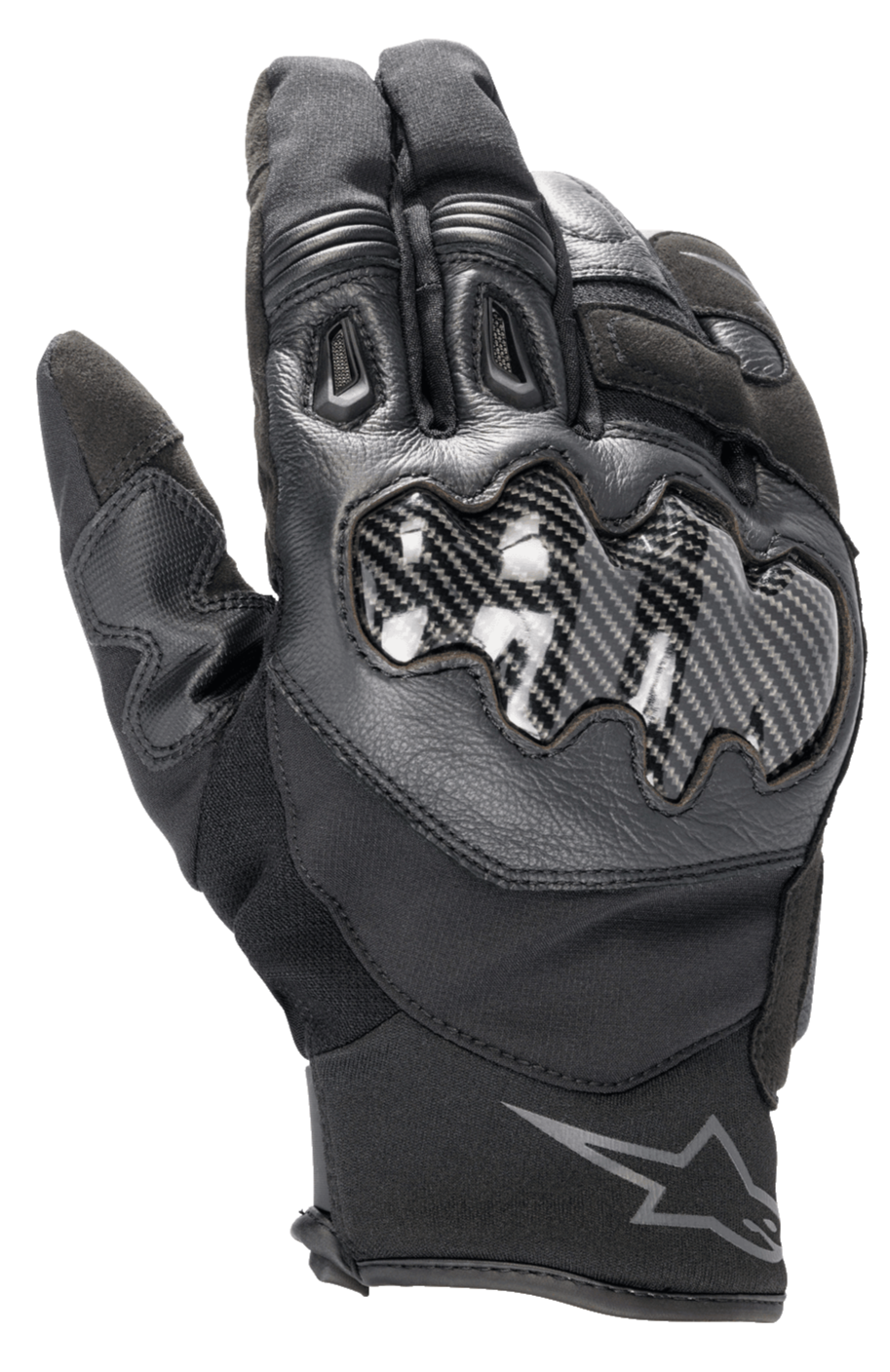 Luvas Alpinestars SMX-1 Drystar®, luvas de motociclismo pretas, com proteção dos nós dos dedos com efeito de carbono, construção em pele e têxtil, punho curto com o logótipo Alpinestars no pulso