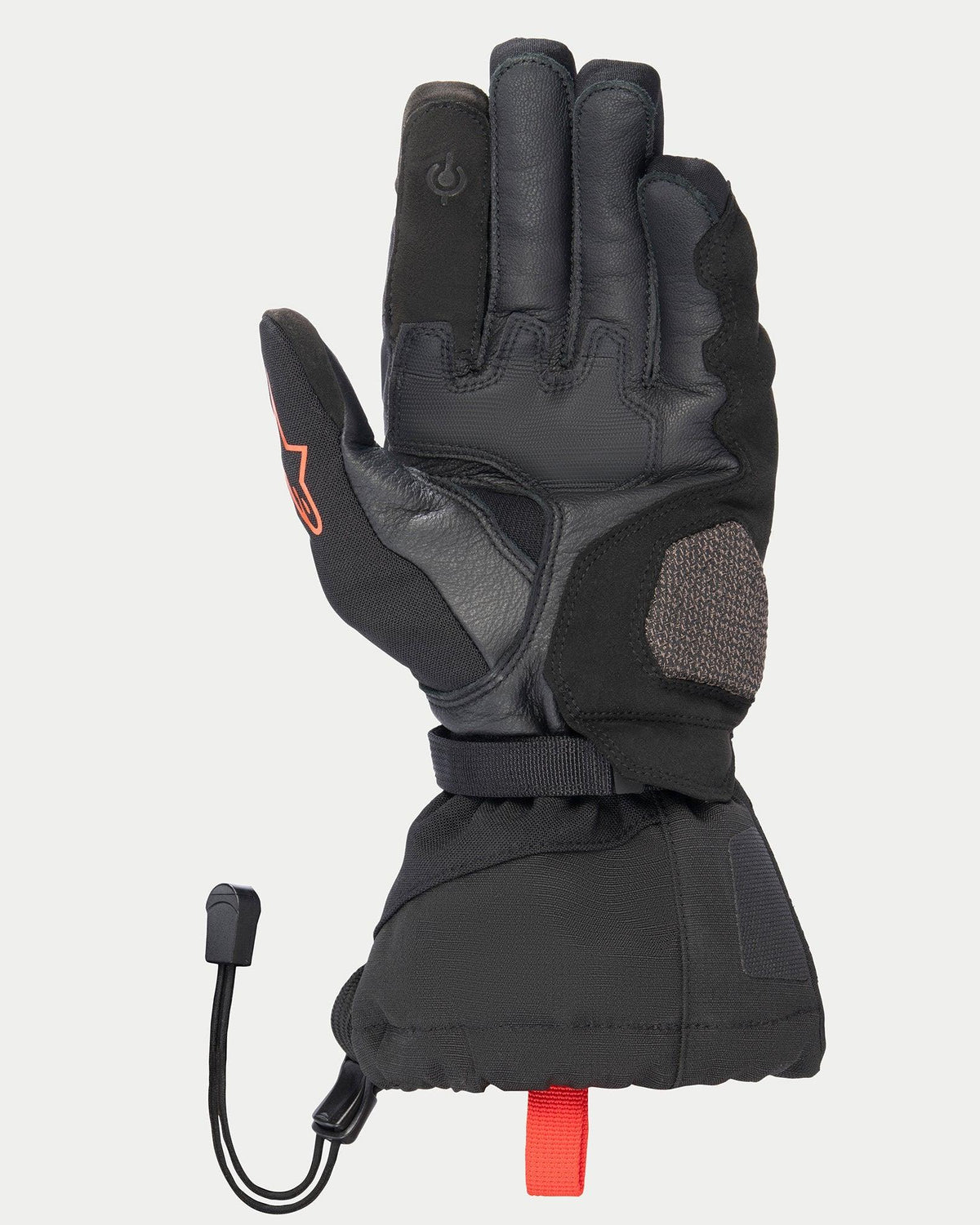 Luvas Alpinestars XT-5 GORE-TEX, pretas, vista da palma da mão mostrando a construção em pele, reforço da zona de impacto AR Shield, punho longo com fecho de cordão elástico, pontas dos dedos compatíveis com ecrãs táteis e pormenores em vermelho.