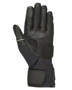 Luvas Alpinestars Jet Road V2 GORE-TEX, Pretas, vista da palma mostrando construção em couro com acolchoamento reforçado, punho longo e pontas dos dedos compatíveis com ecrãs táteis para turismo de aventura.
