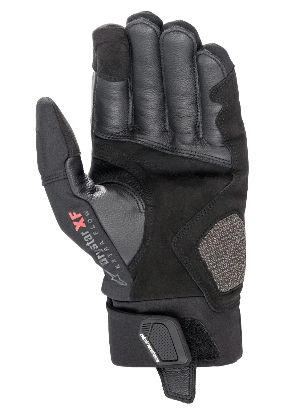 Luvas Alpinestars Hyde XT Drystar® XF, luvas de motociclismo, pretas, vista da palma com camurça sintética reforçada e textura de pele, logótipo Drystar XF Extra Flow no polegar, punho de comprimento médio com correia de pulso segura, design adventure touring