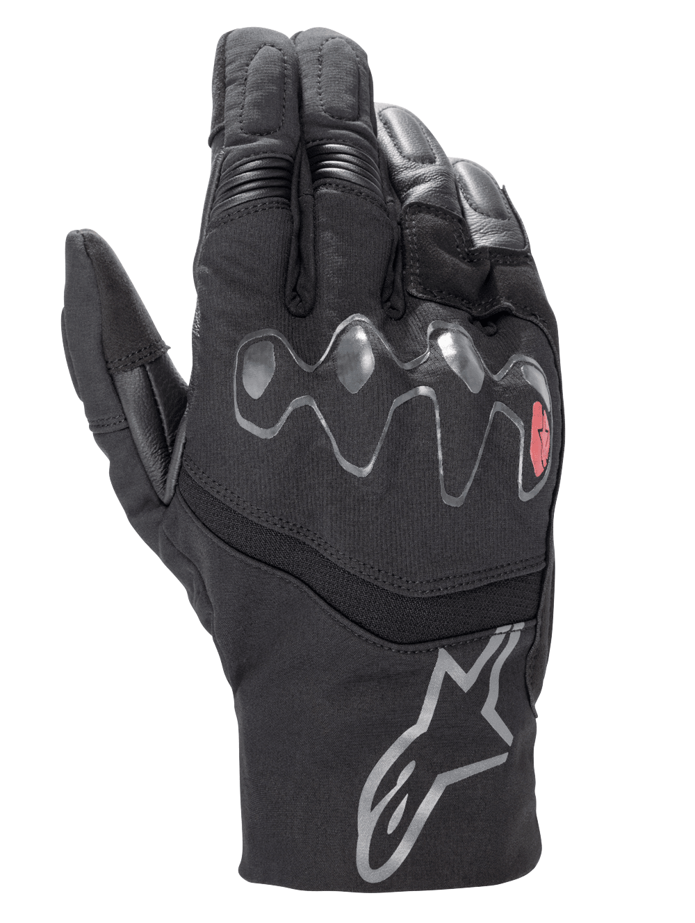 Luvas Alpinestars Hyde XT Drystar® XF, luvas de motociclismo pretas, protetor de nós dos dedos viscoelástico ondulado com detalhe em vermelho, punho de comprimento médio com logótipo de estrela prateado, construção em têxtil impermeável e camurça sintética, equipamento adventure touring