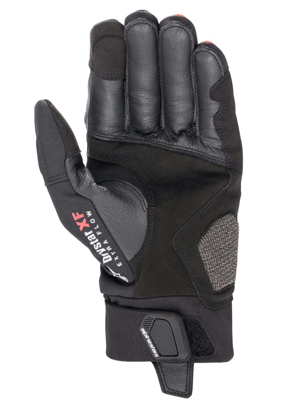 Luvas Alpinestars Hyde XT Drystar® XF, luvas de motociclismo, pretas e vermelho vivo, vista da palma mostrando a construção em camurça sintética reforçada, marca Drystar XF Extra Flow no polegar e aba de fecho de pulso ajustável.