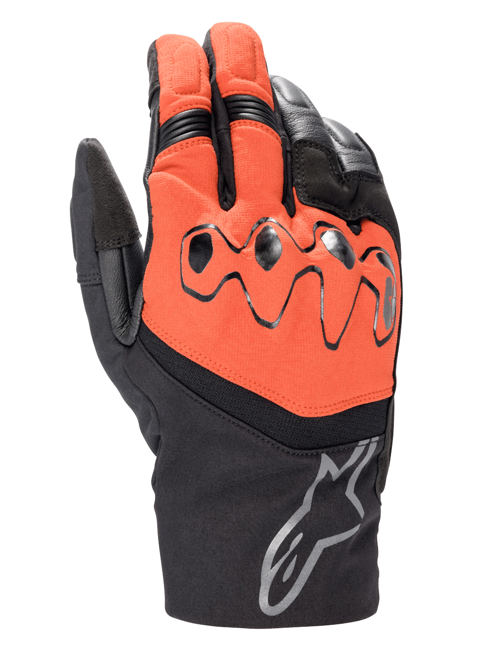 Luvas Alpinestars Hyde XT Drystar® XF, luvas de motociclismo para touring, vermelho fogo e preto, com proteção viscoelástica nos nós dos dedos, logótipo Alpinestars no punho e construção impermeável em tecido e pele.
