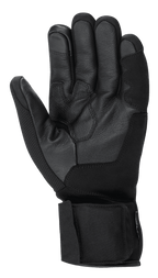 Luvas Alpinestars HT-3 Heat Tech Drystar®, luvas de motociclismo pretas, vista da palma mostrando construção em pele de cabra, aderência texturizada na palma e no polegar, tira de ajuste no punho, dedo indicador compatível com ecrãs táteis, equipamento de touring de inverno