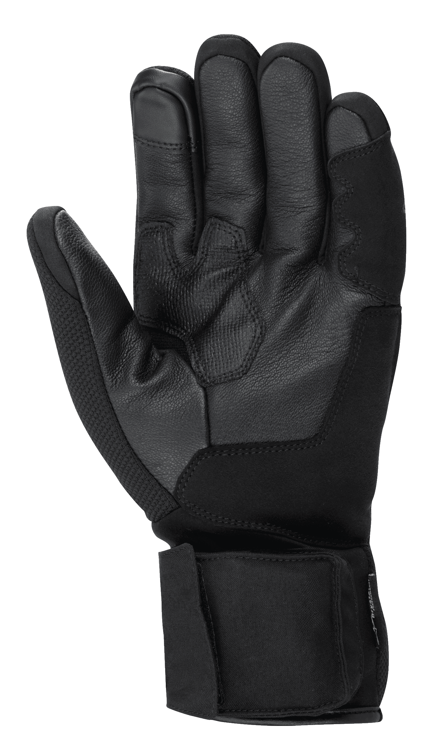 Luvas Alpinestars HT-3 Heat Tech Drystar®, luvas de motociclismo pretas, vista da palma mostrando construção em pele de cabra, aderência texturizada na palma e no polegar, tira de ajuste no punho, dedo indicador compatível com ecrãs táteis, equipamento de touring de inverno