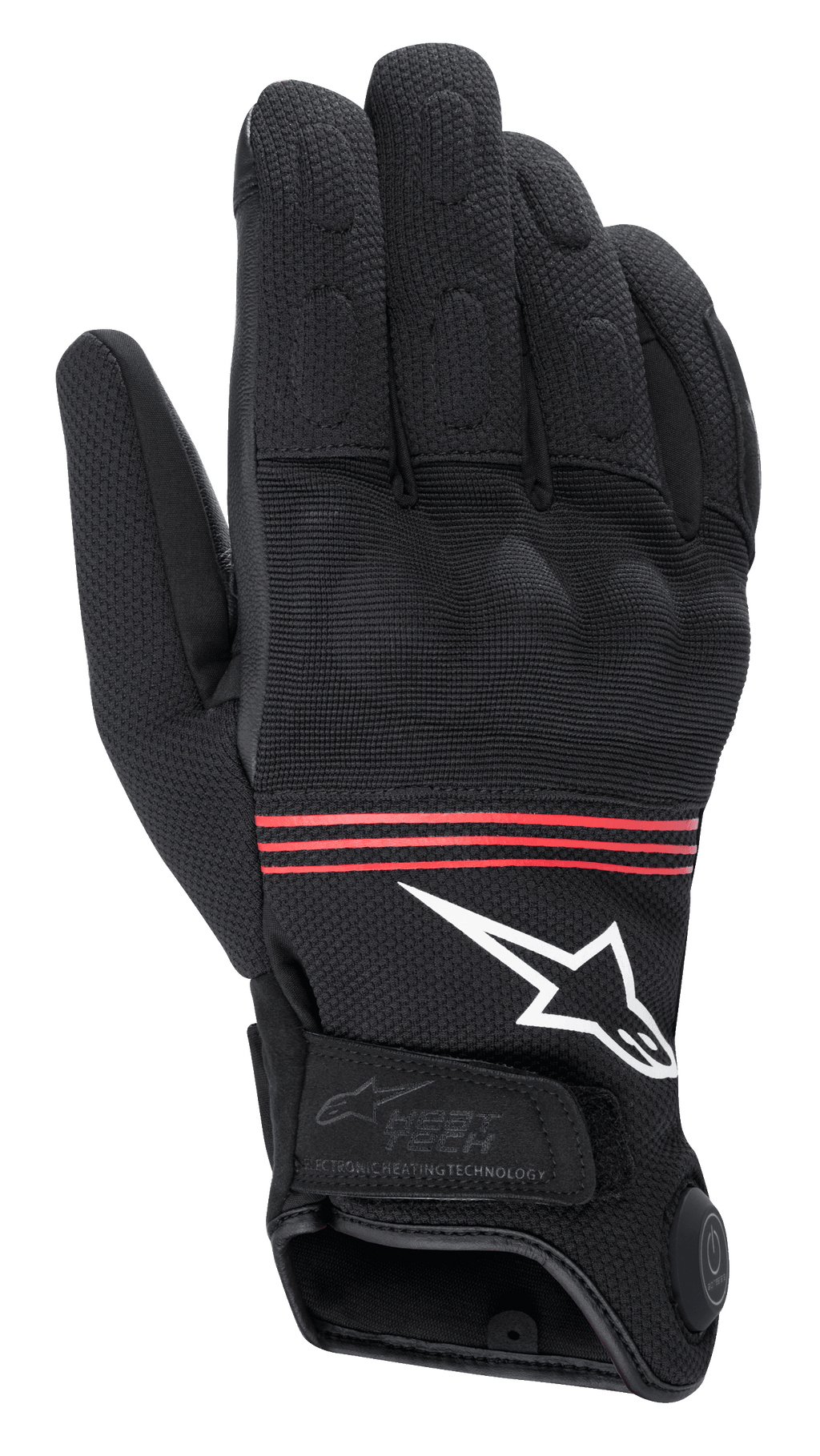 Luvas Alpinestars HT-3 Heat Tech Drystar®, luvas de motociclismo aquecidas, pretas com riscas vermelhas e logótipo branco, com botão de controlo da tecnologia de aquecimento eletrónico no punho, nós dos dedos reforçados e construção têxtil durável