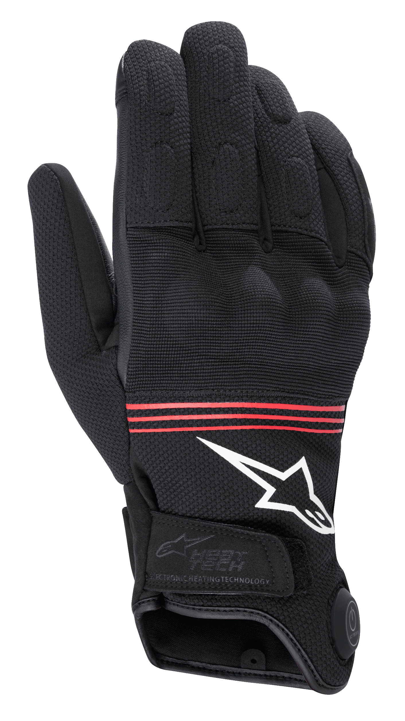 Alpinestars HT-3 Heat Tech Drystar® Gloves, Heated Motorcycle Gloves, Black with Red stripes and white logo, featuring electronic heating technology control button on the cuff, reinforced knuckles, and durable textile construction