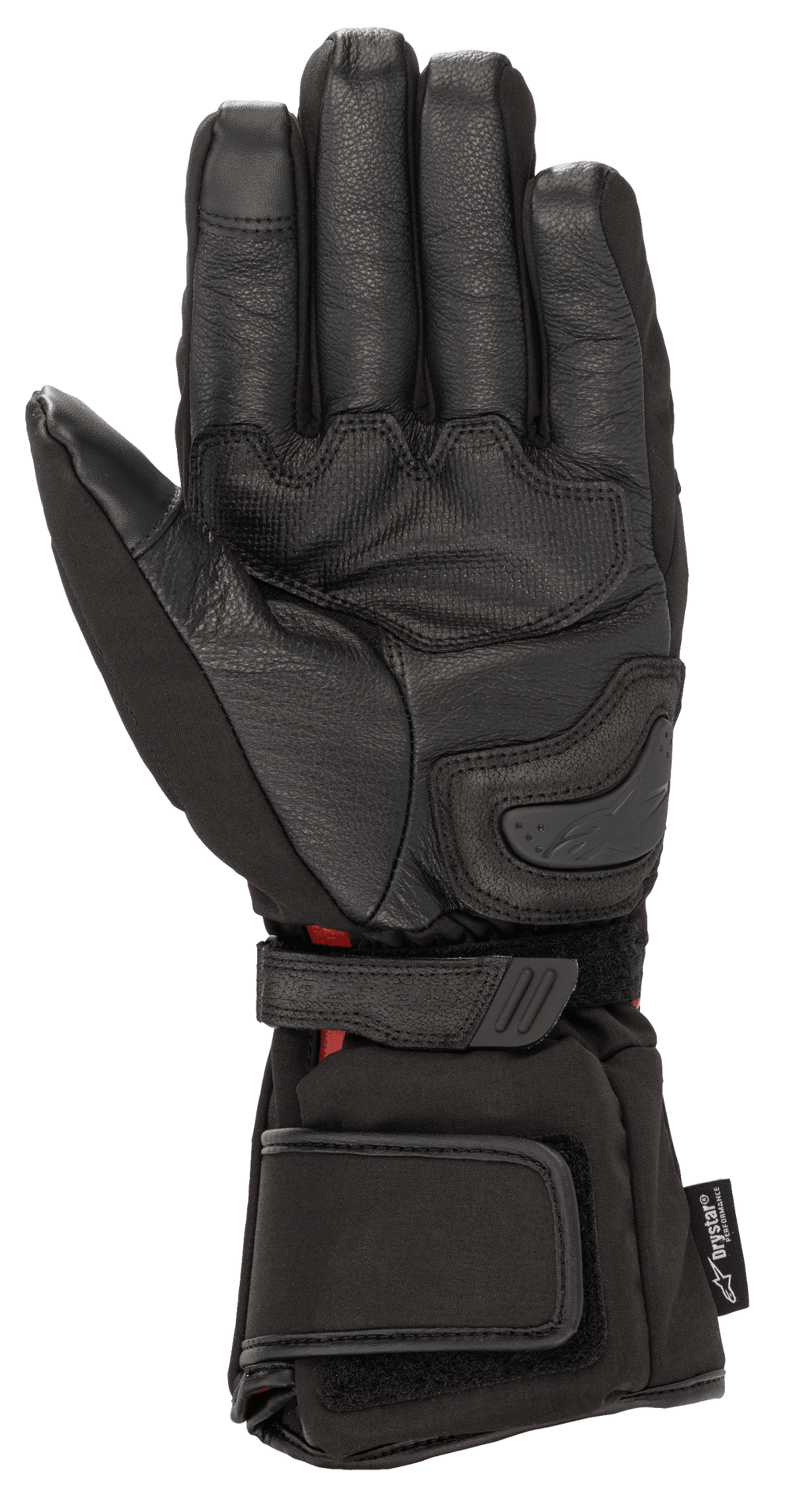 Luvas Alpinestars HT-5 Heat Tech Drystar®, pretas, vista da palma, com construção em pele de cabra, deslizador de palma e tiras de ajuste no pulso e punho, equipamento de motociclismo de turismo de inverno impermeável e aquecido