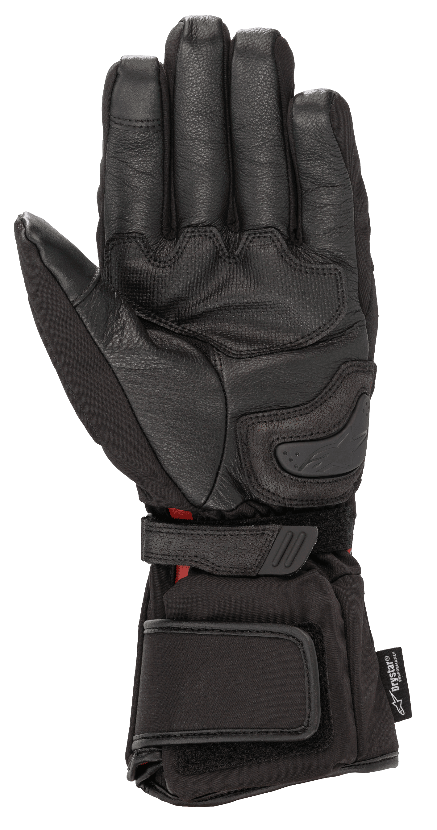 Luvas Alpinestars HT-5 Heat Tech Drystar®, pretas, vista da palma, com construção em pele de cabra, deslizador de palma e tiras de ajuste no pulso e punho, equipamento de motociclismo de turismo de inverno impermeável e aquecido