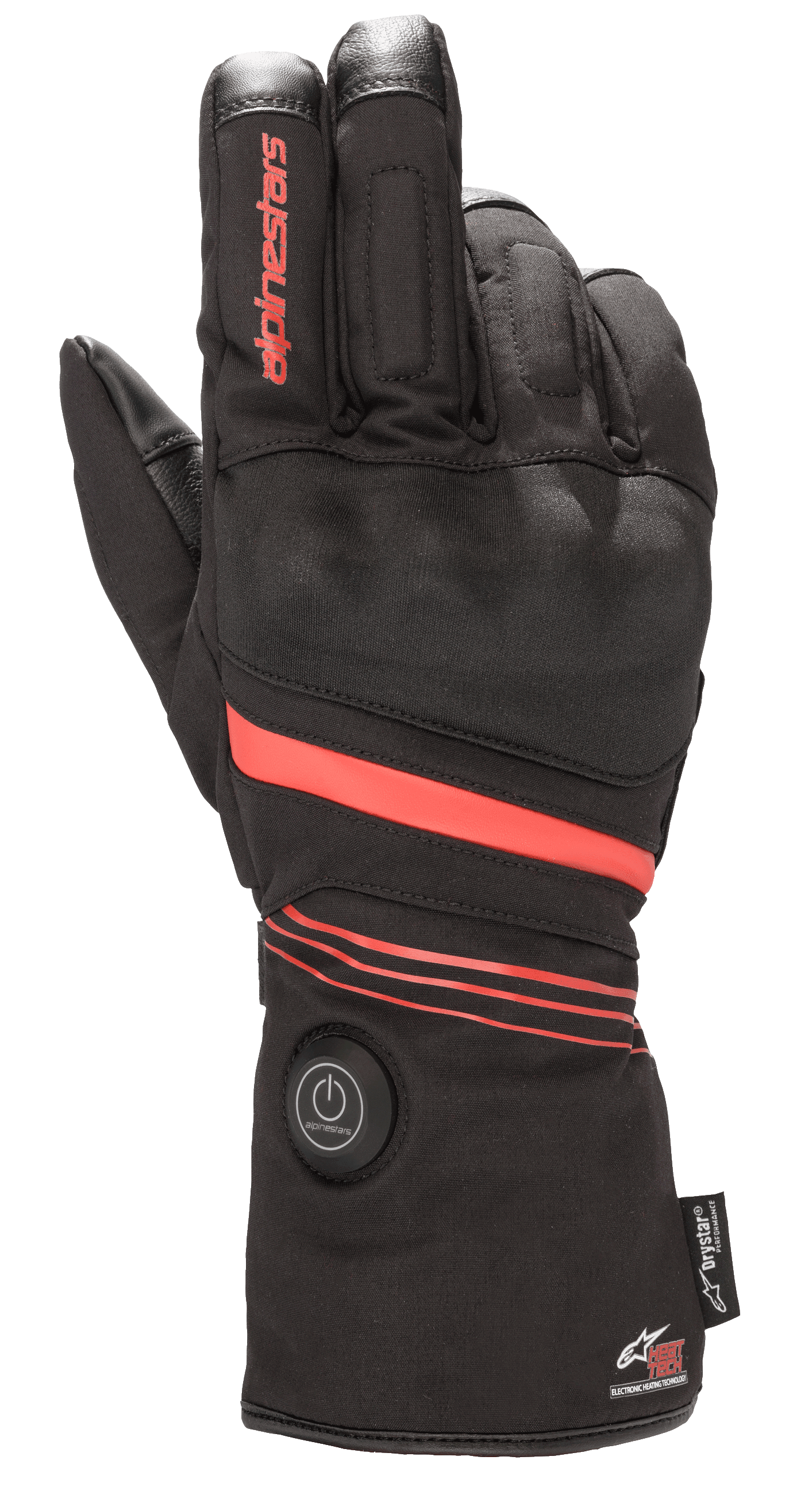Luvas Alpinestars HT-5 Heat Tech Drystar®, luvas de motociclismo aquecidas, pretas com detalhes vermelhos, com um botão de ligar circular no punho, riscas vermelhas na mão e no pulso, logótipo Alpinestars no dedo, concebidas para proteção impermeável em climas frios.