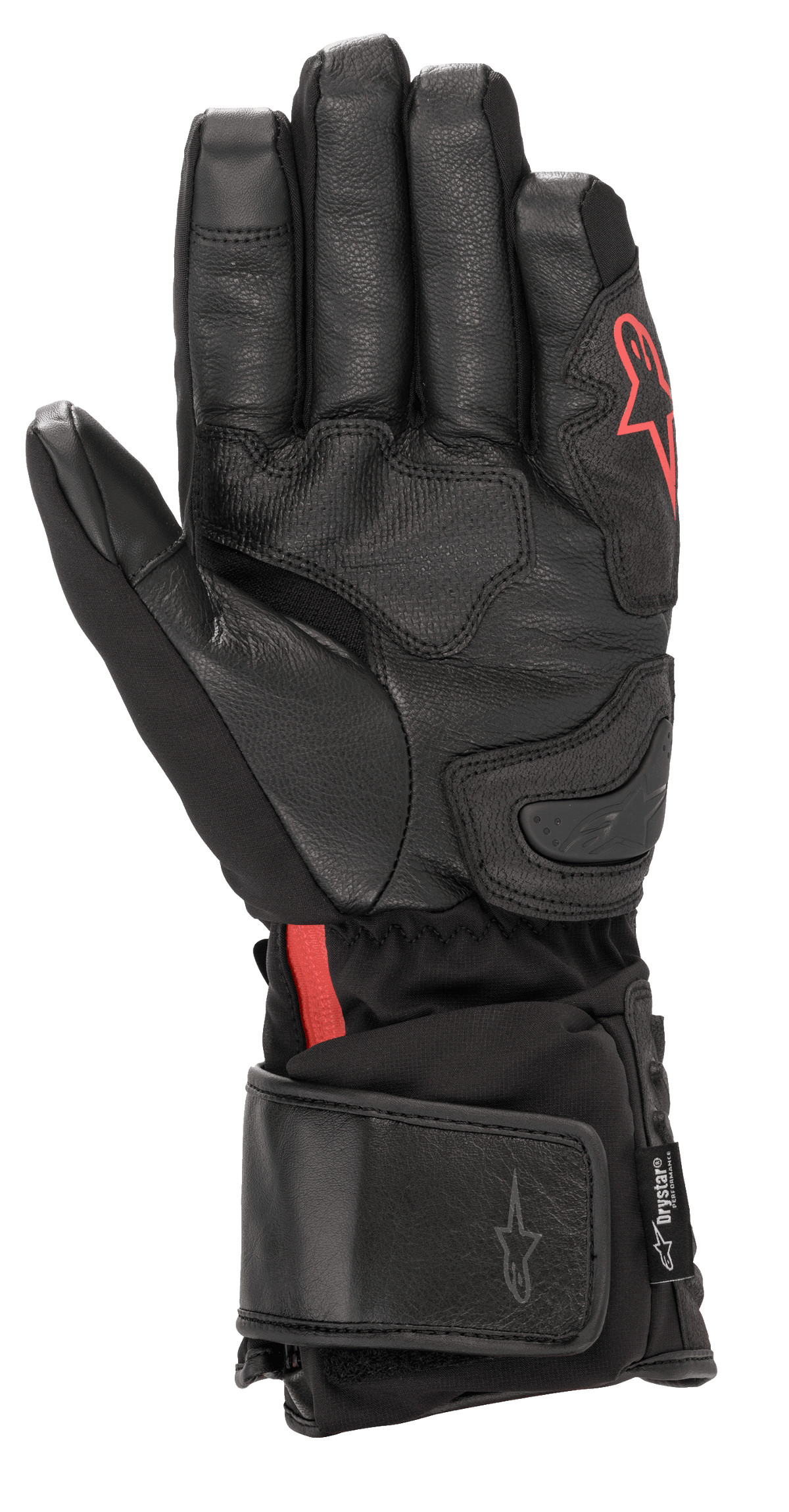 Alpinestars HT-7 Heat Tech Drystar® Gloves, luvas de motociclismo aquecidas pretas, com palma em pele e construção em softshell, logótipo Alpinestars vermelho, tecnologia Drystar® impermeável e punho ajustável para condução em estrada com tempo frio
