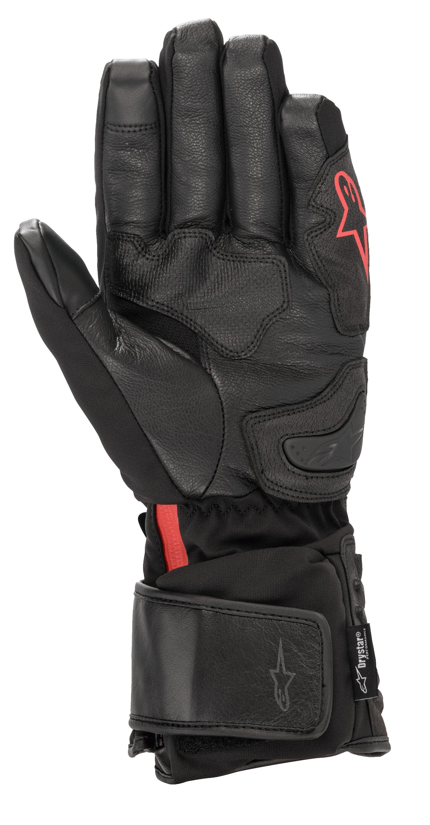 Alpinestars HT-7 Heat Tech Drystar® Gloves, Black Heated Motorcycle Gloves, featuring leather palm and softshell construction with red Alpinestars logo, waterproof Drystar® tech, and adjustable cuff for cold-weather road riding