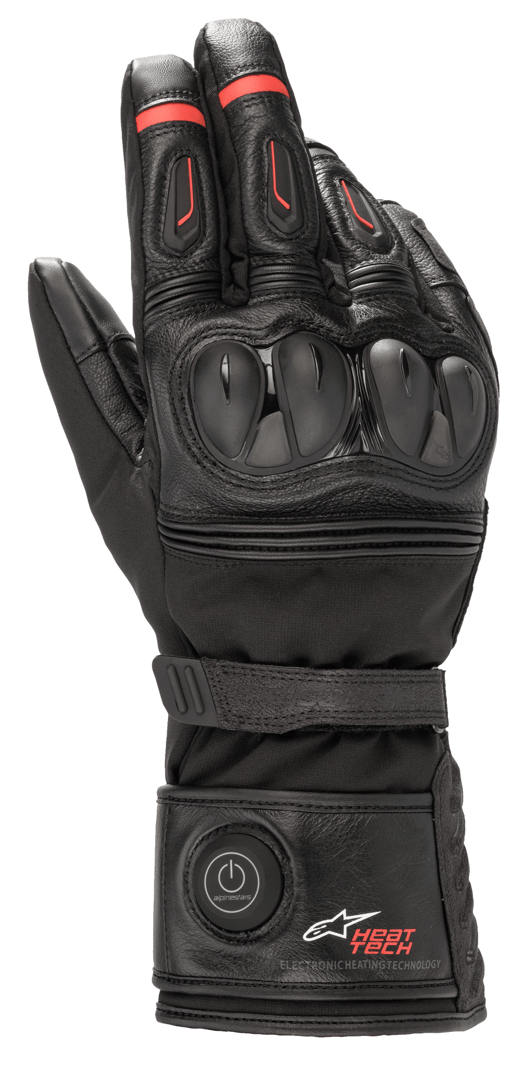 Alpinestars HT-7 Heat Tech Drystar Gloves, Heated Motorcycle Gloves, Black with Red accents, electronic Heat Tech system with cuff power button, TPU knuckle protection, waterproof Drystar technology, leather and textile construction
