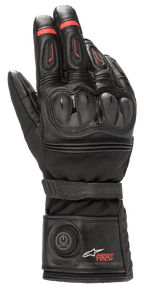 Alpinestars HT-7 Heat Tech Drystar Gloves, Heated Motorcycle Gloves, Black with Red accents, electronic Heat Tech system with cuff power button, TPU knuckle protection, waterproof Drystar technology, leather and textile construction