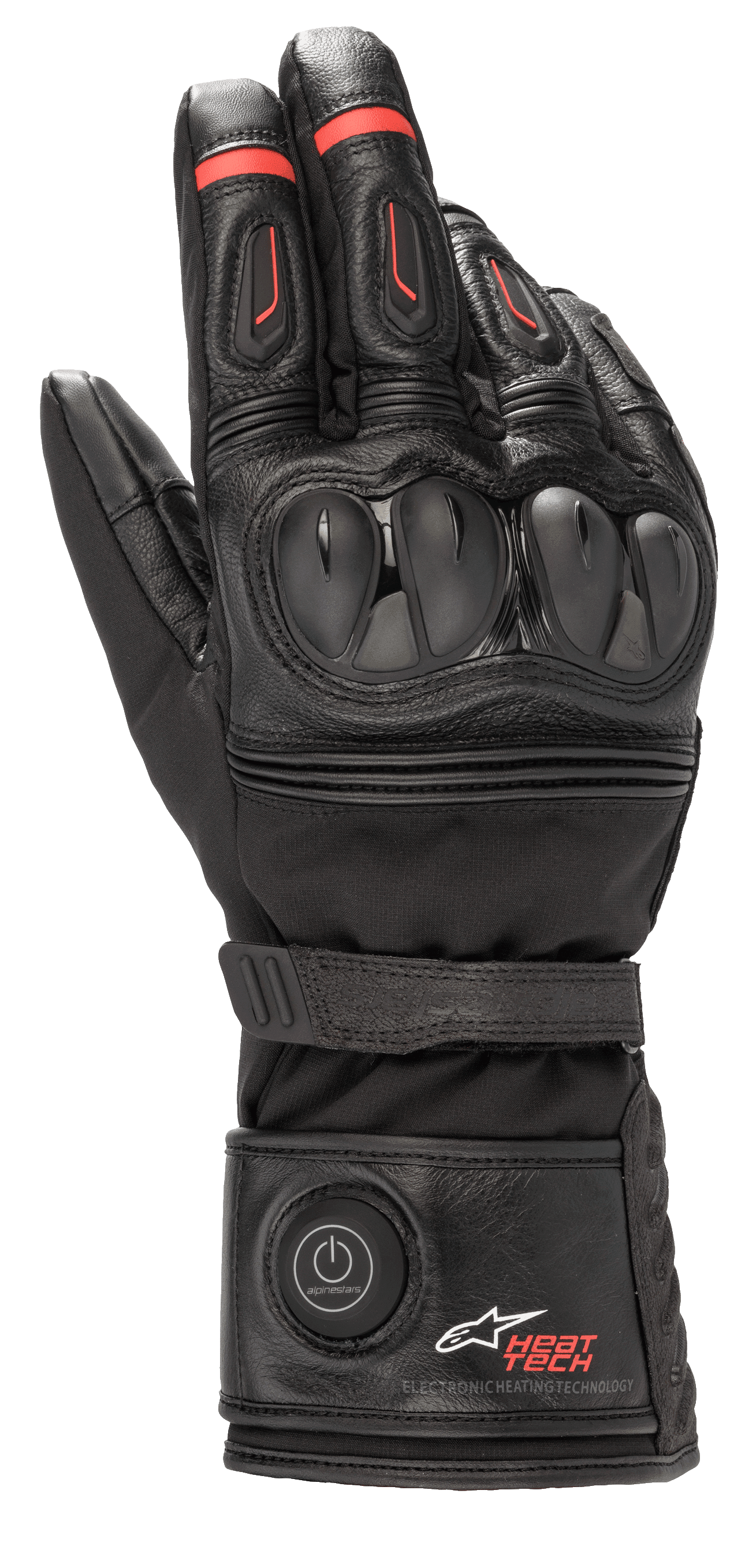 Alpinestars HT-7 Heat Tech Drystar Gloves, Heated Motorcycle Gloves, Black with Red accents, electronic Heat Tech system with cuff power button, TPU knuckle protection, waterproof Drystar technology, leather and textile construction
