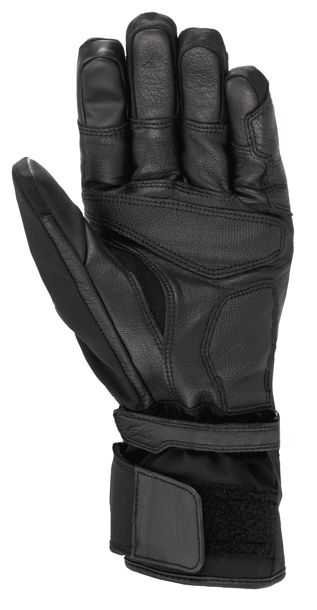Alpinestars Range 2 In One GORE-TEX Glove com tecnologia Goregrip, luvas de motociclismo, pretas, vista da palma mostrando a construção em couro de cabra, zonas de aderência reforçadas e punho longo com ajuste de velcro para um ajuste seguro.