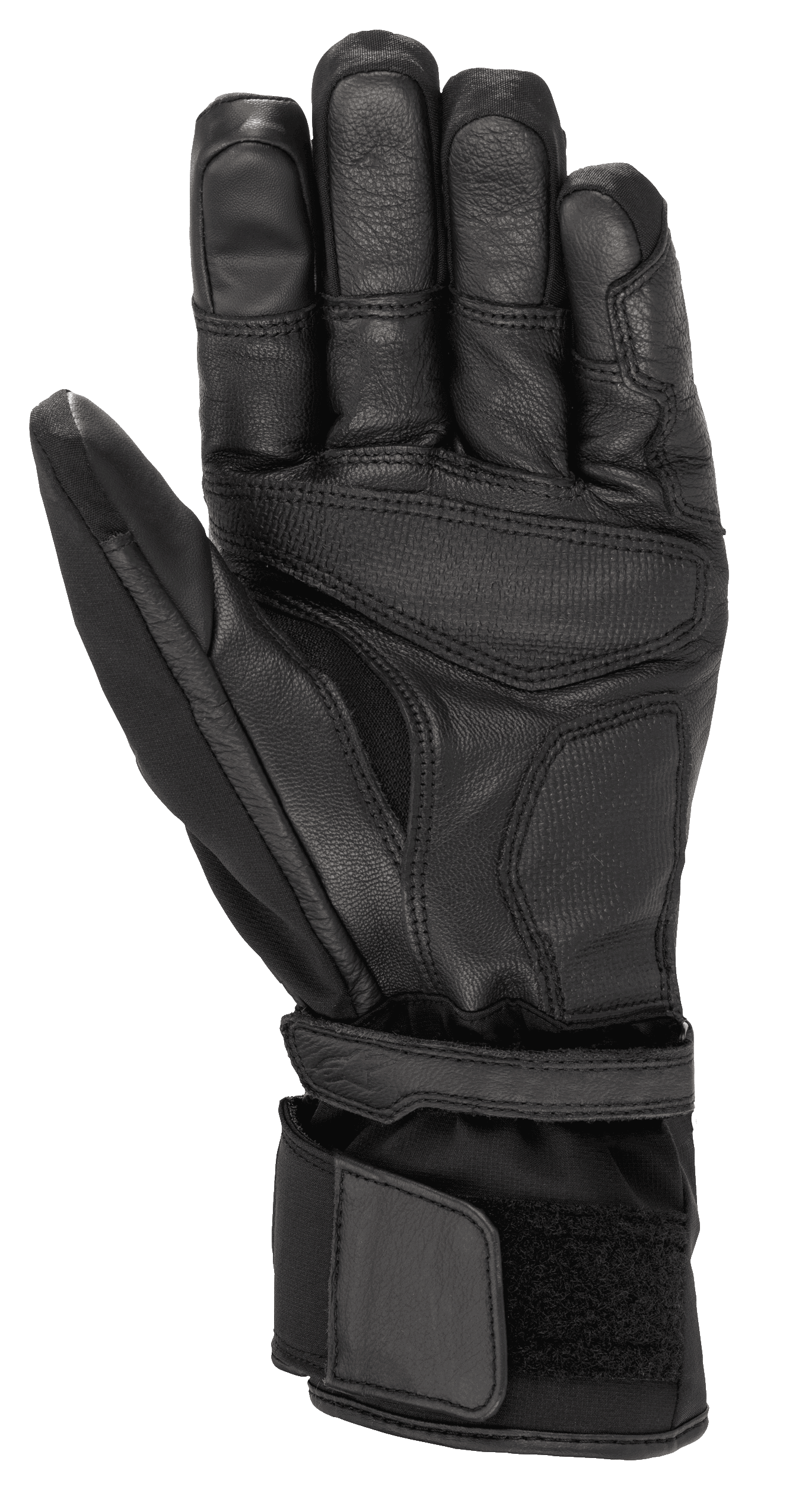 Alpinestars Range 2 In One GORE-TEX Glove com tecnologia Goregrip, luvas de motociclismo, pretas, vista da palma mostrando a construção em couro de cabra, zonas de aderência reforçadas e punho longo com ajuste de velcro para um ajuste seguro.