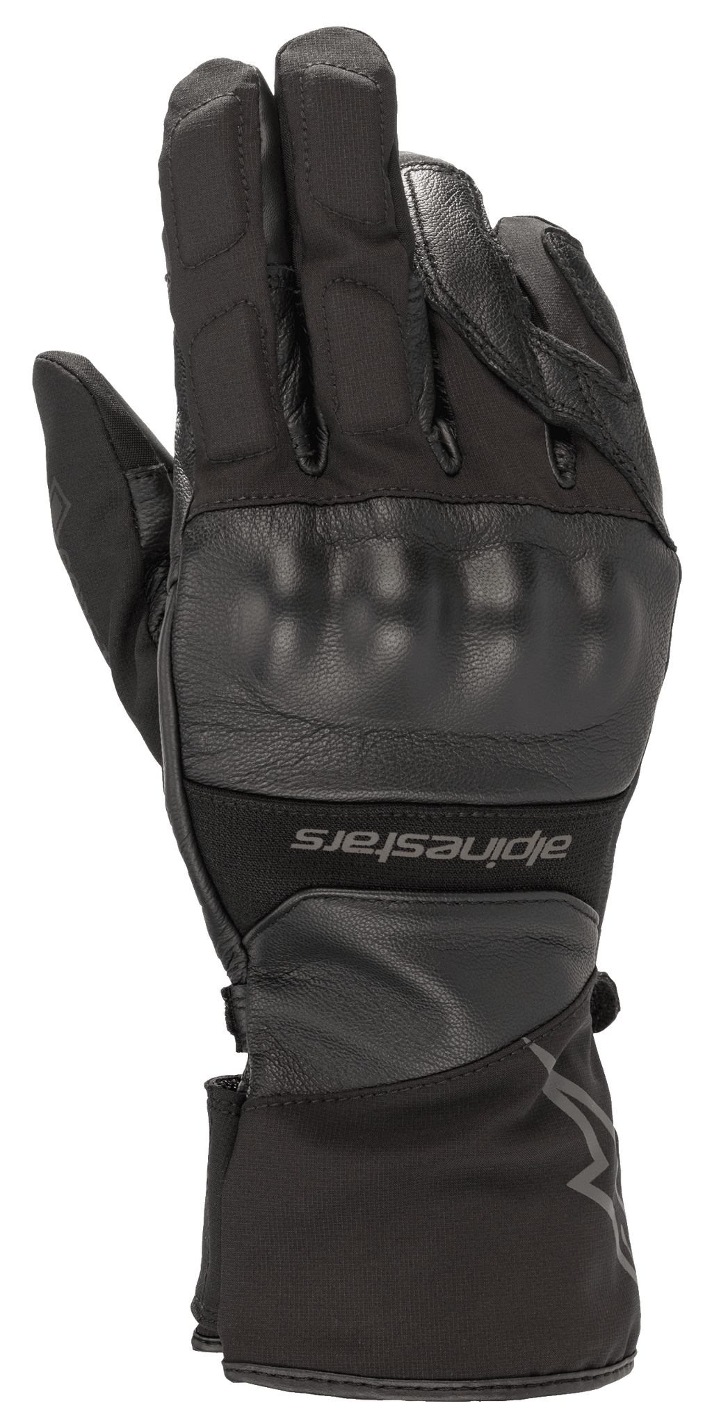Luvas Alpinestars Range 2 In One GORE-TEX com Tecnologia Goregrip, luvas de motociclismo pretas, vista do dorso da mão com protetor de nós dos dedos moldado, construção em couro e tecido, punho longo com logótipo Alpinestars, equipamento de touring de aventura impermeável