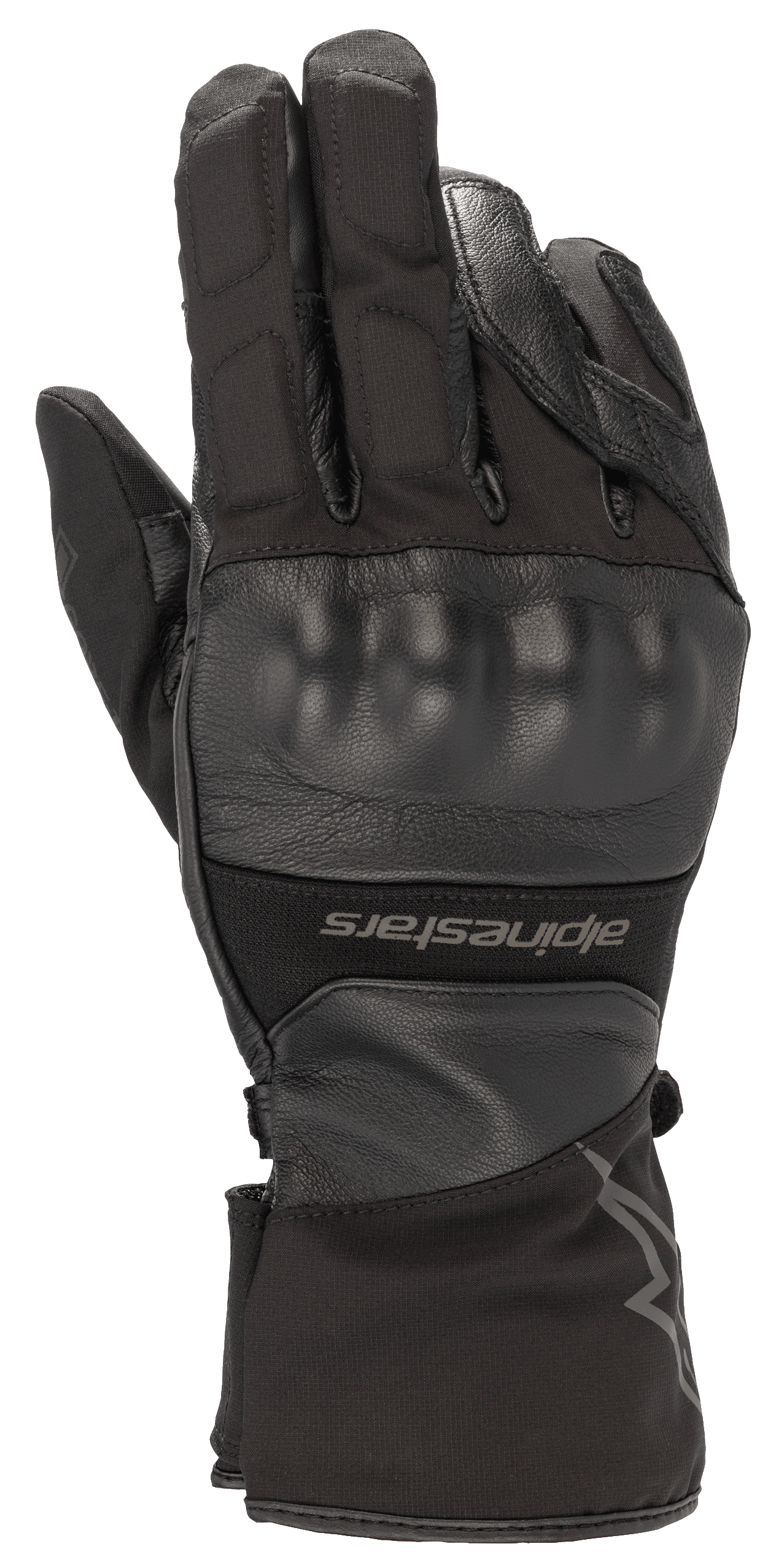 Luvas Alpinestars Range 2 In One GORE-TEX com Tecnologia Goregrip, luvas de motociclismo pretas, vista do dorso da mão com protetor de nós dos dedos moldado, construção em couro e tecido, punho longo com logótipo Alpinestars, equipamento de touring de aventura impermeável