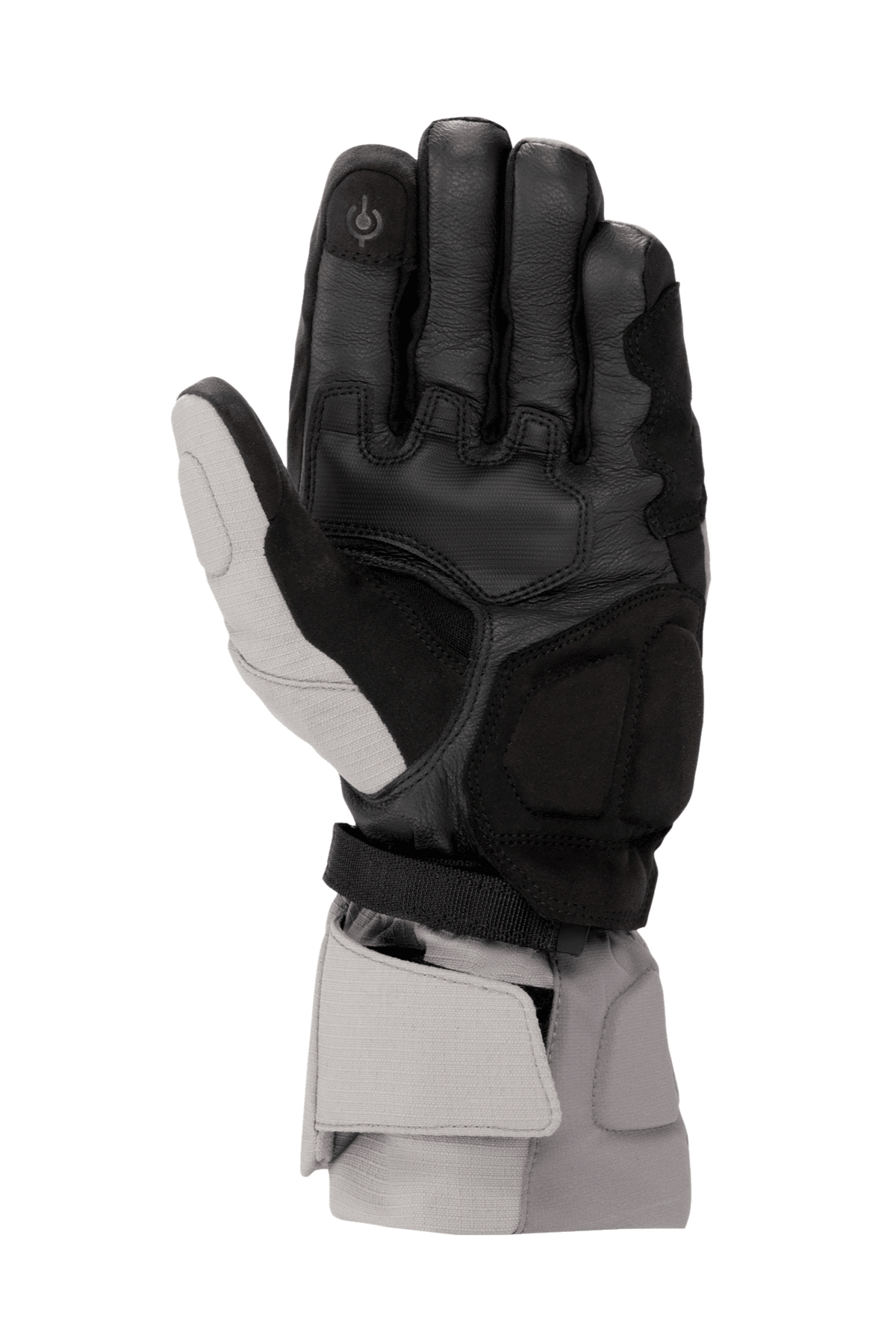 Luvas Alpinestars WR-X GORE-TEX, luvas de motociclismo de inverno, cinzento escuro, cinzento gelo e preto, vista da palma mostrando a construção em pele, reforços em camurça sintética, dedo indicador compatível com ecrãs táteis e punho longo para proteção contra as intempéries