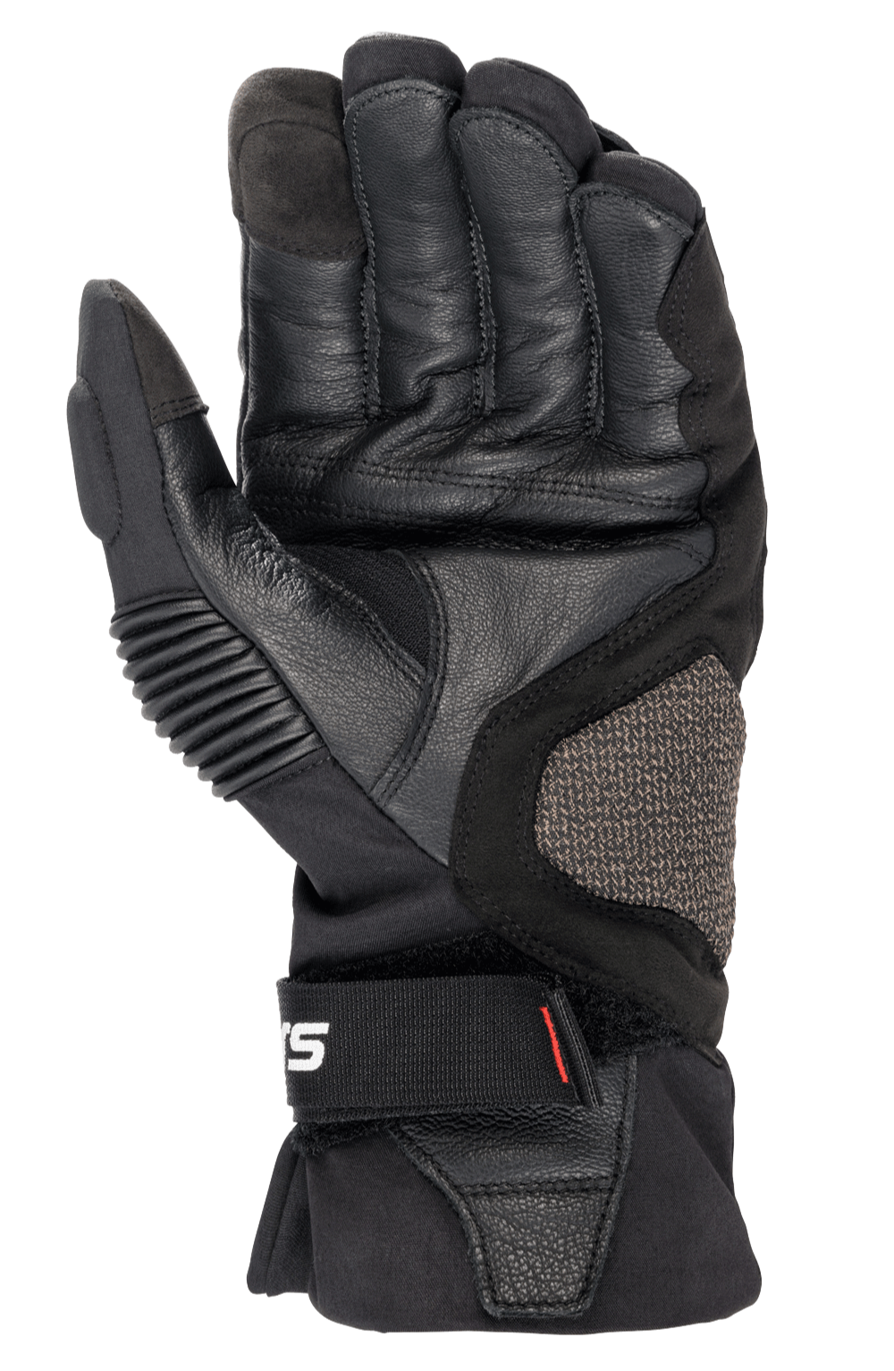 Alpinestars Boulder GORE-TEX Gloves, Black, Motorcycle Gloves, palm view showing durable goat leather construction, padded reinforcements, ARshield side panel, and ergonomic wrist closure