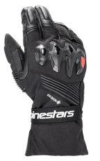 Alpinestars Boulder GORE-TEX Gloves, Black Motorcycle Gloves, featuring hard knuckle protection with red logo, GORE-TEX branding, accordion stretch panels, and a wrist strap with white Alpinestars branding, durable textile and leather construction