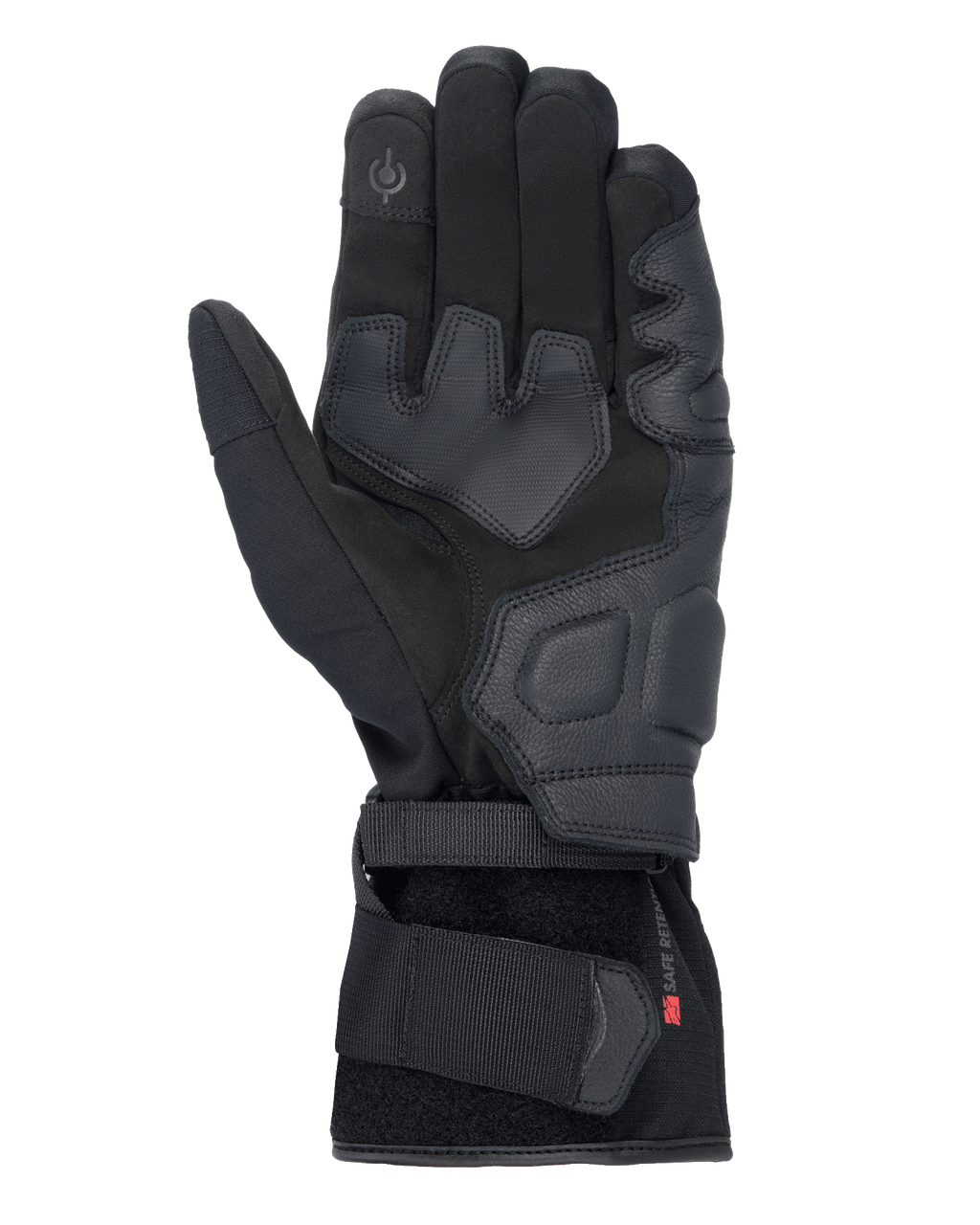 Luvas Alpinestars Tourer W-7 V2 Drystar®, luvas de motociclismo pretas, vista da palma com reforços em pele, áreas de aderência acolchoadas, ponta do dedo compatível com ecrã tátil e fecho de fita seguro no pulso.