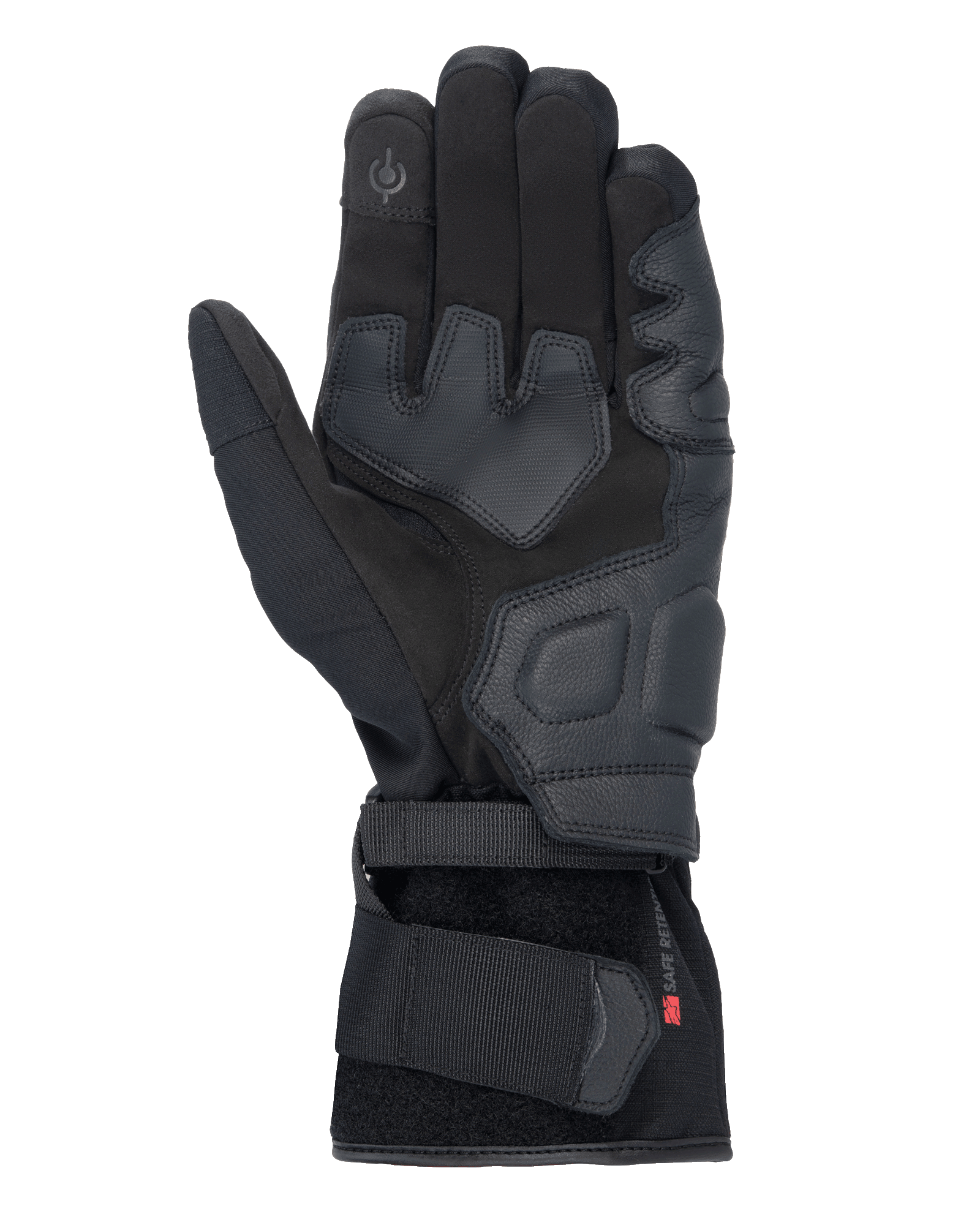 Luvas Alpinestars Tourer W-7 V2 Drystar®, luvas de motociclismo pretas, vista da palma com reforços em pele, áreas de aderência acolchoadas, ponta do dedo compatível com ecrã tátil e fecho de fita seguro no pulso.