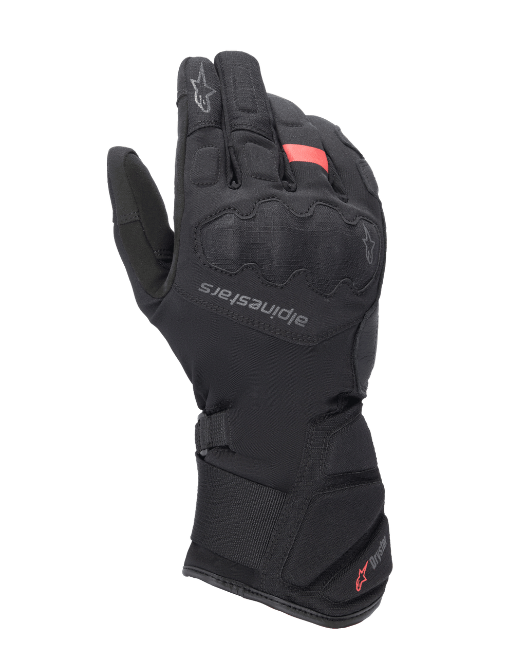 Luvas Alpinestars Tourer W-7 V2 Drystar, luvas de turismo de inverno para motociclismo, pretas com detalhes vermelhos, com proteção reforçada nos nós dos dedos, logótipo Alpinestars nas costas da mão e punho longo ajustável com a marca Drystar