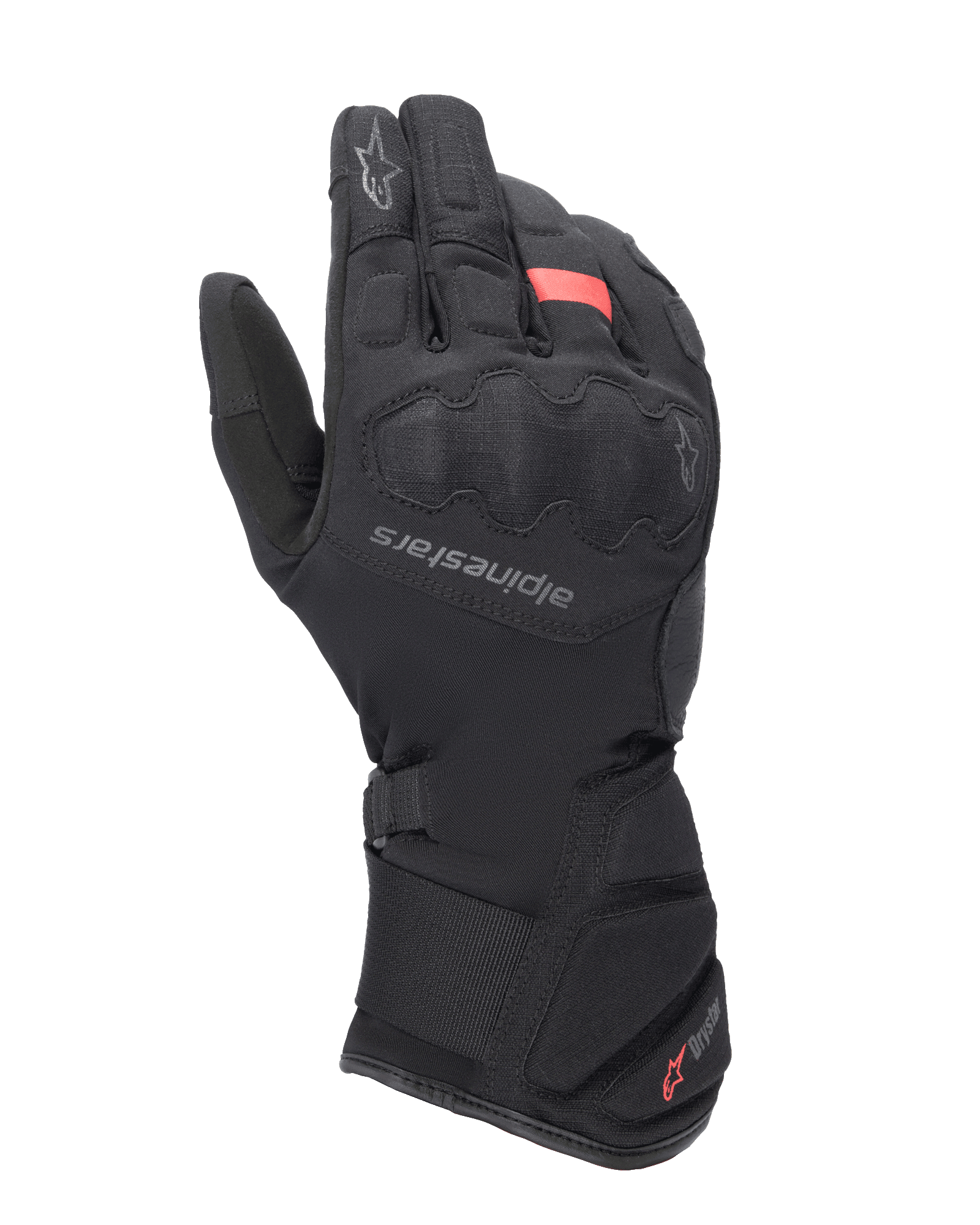 Luvas Alpinestars Tourer W-7 V2 Drystar, luvas de turismo de inverno para motociclismo, pretas com detalhes vermelhos, com proteção reforçada nos nós dos dedos, logótipo Alpinestars nas costas da mão e punho longo ajustável com a marca Drystar