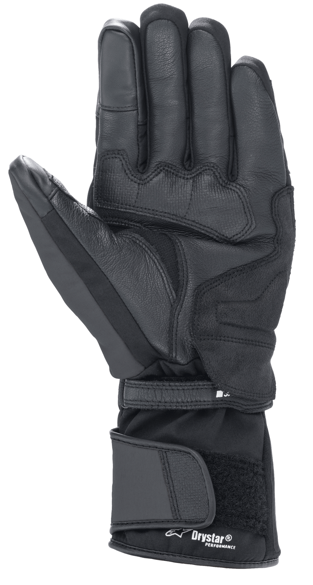 Luvas Alpinestars Denali Aerogel Drystar®, pretas, vista da palma com painéis de material reforçado, aderência texturizada nos dedos e punho longo ajustável com a marca Drystar® Performance, equipamento de motociclismo de inverno para adventure touring