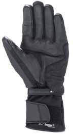 Luvas Alpinestars Denali Aerogel Drystar®, pretas, vista da palma com painéis de material reforçado, aderência texturizada nos dedos e punho longo ajustável com a marca Drystar® Performance, equipamento de motociclismo de inverno para adventure touring