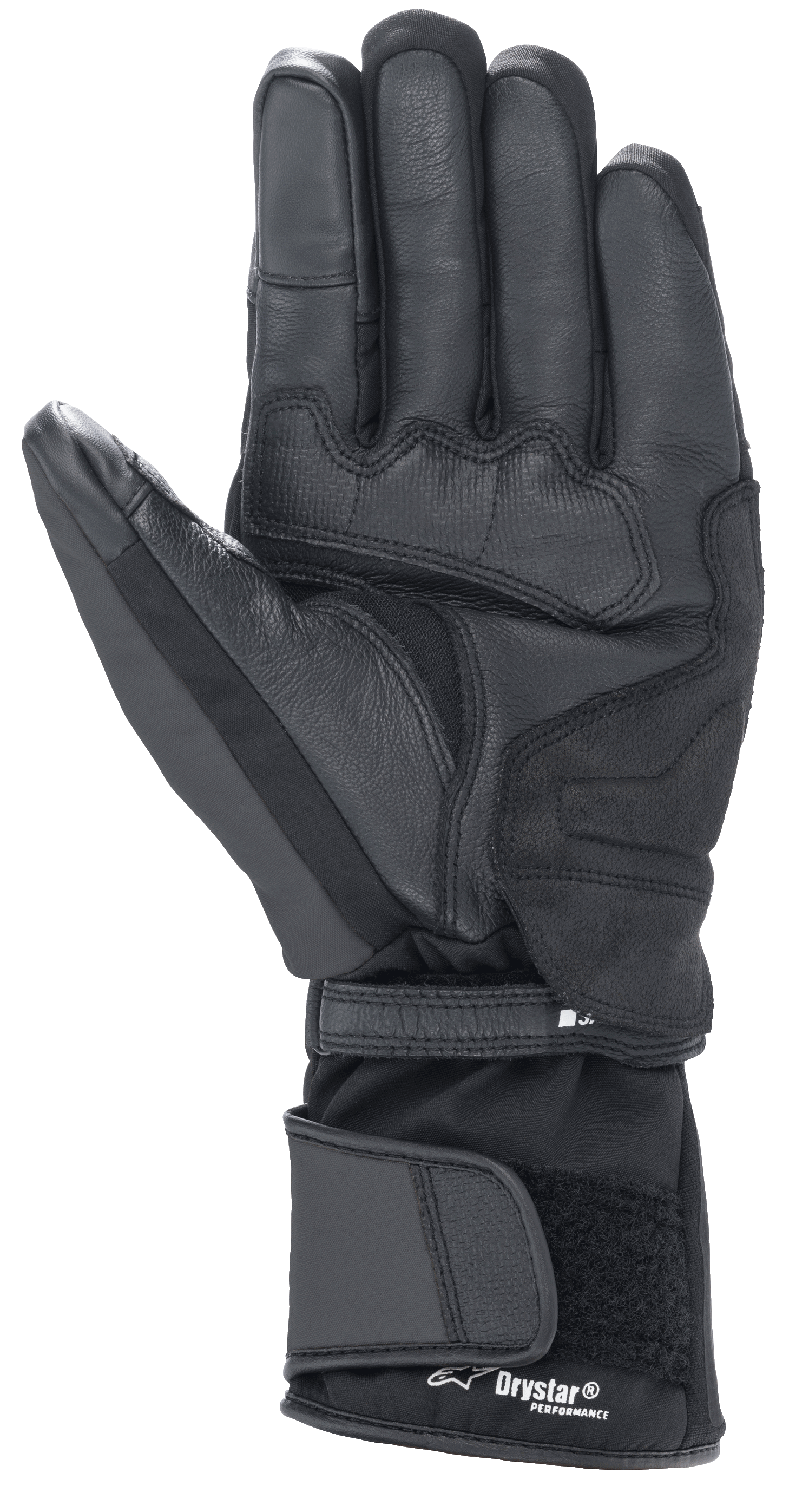 Luvas Alpinestars Denali Aerogel Drystar®, pretas, vista da palma com painéis de material reforçado, aderência texturizada nos dedos e punho longo ajustável com a marca Drystar® Performance, equipamento de motociclismo de inverno para adventure touring